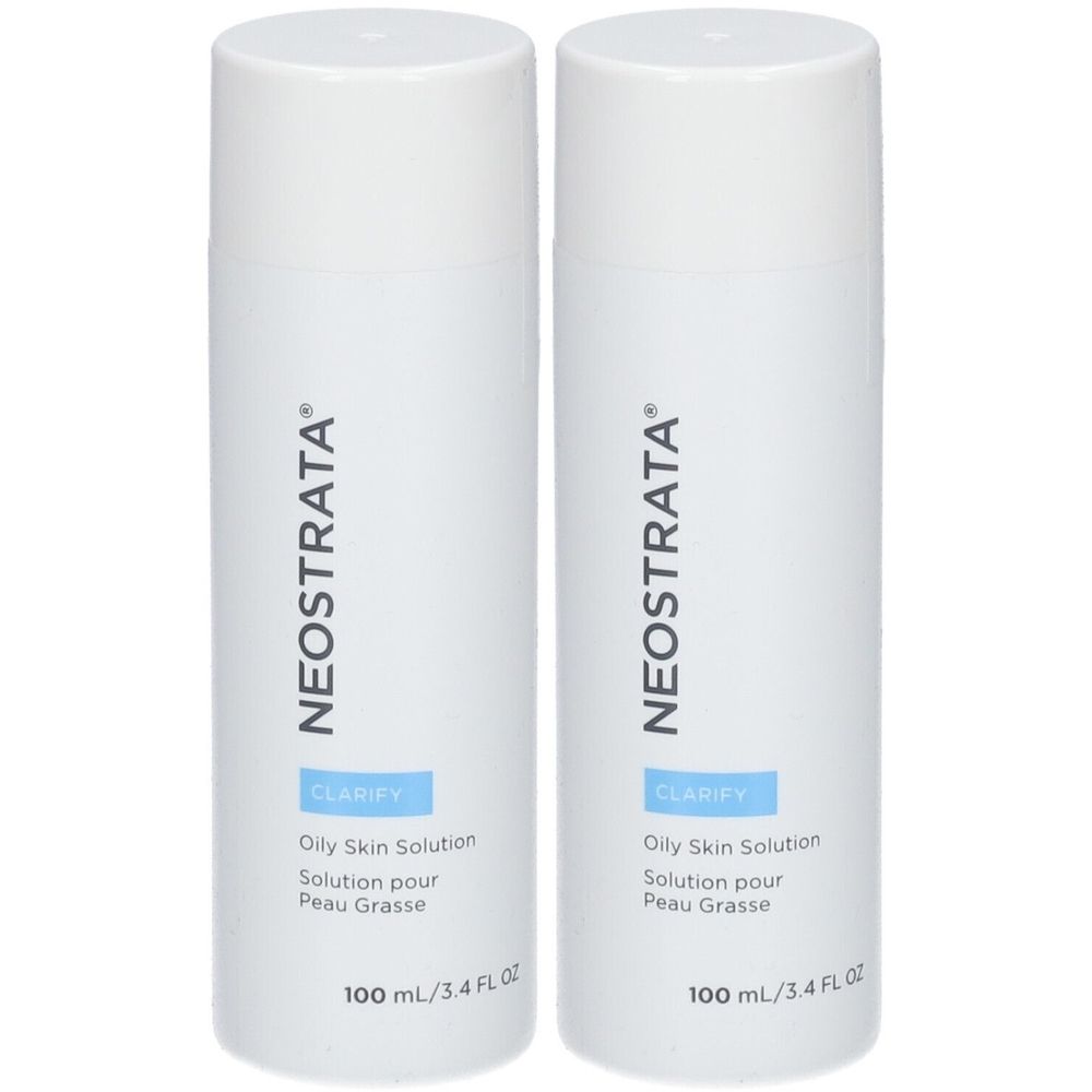 Deux flacons blancs NEOSTRATA. Texte: Oily Skin Solution, Solution pour Peau Grasse, 100 ml.