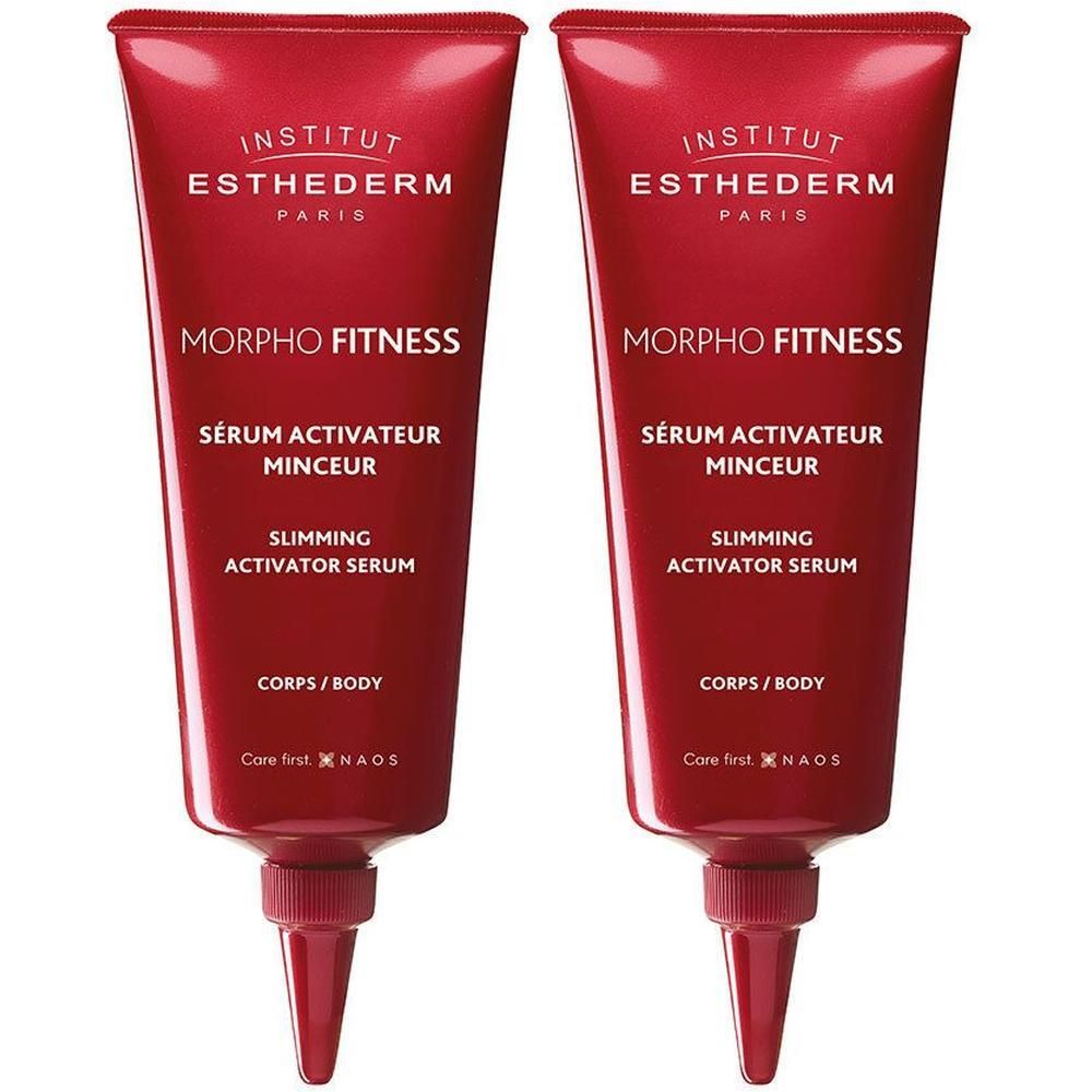 Deux tubes de sérum INSTITUT ESTHEDERM Morpho Fitness. Tubes rouges avec texte blanc. Nom du produit et texte en français.