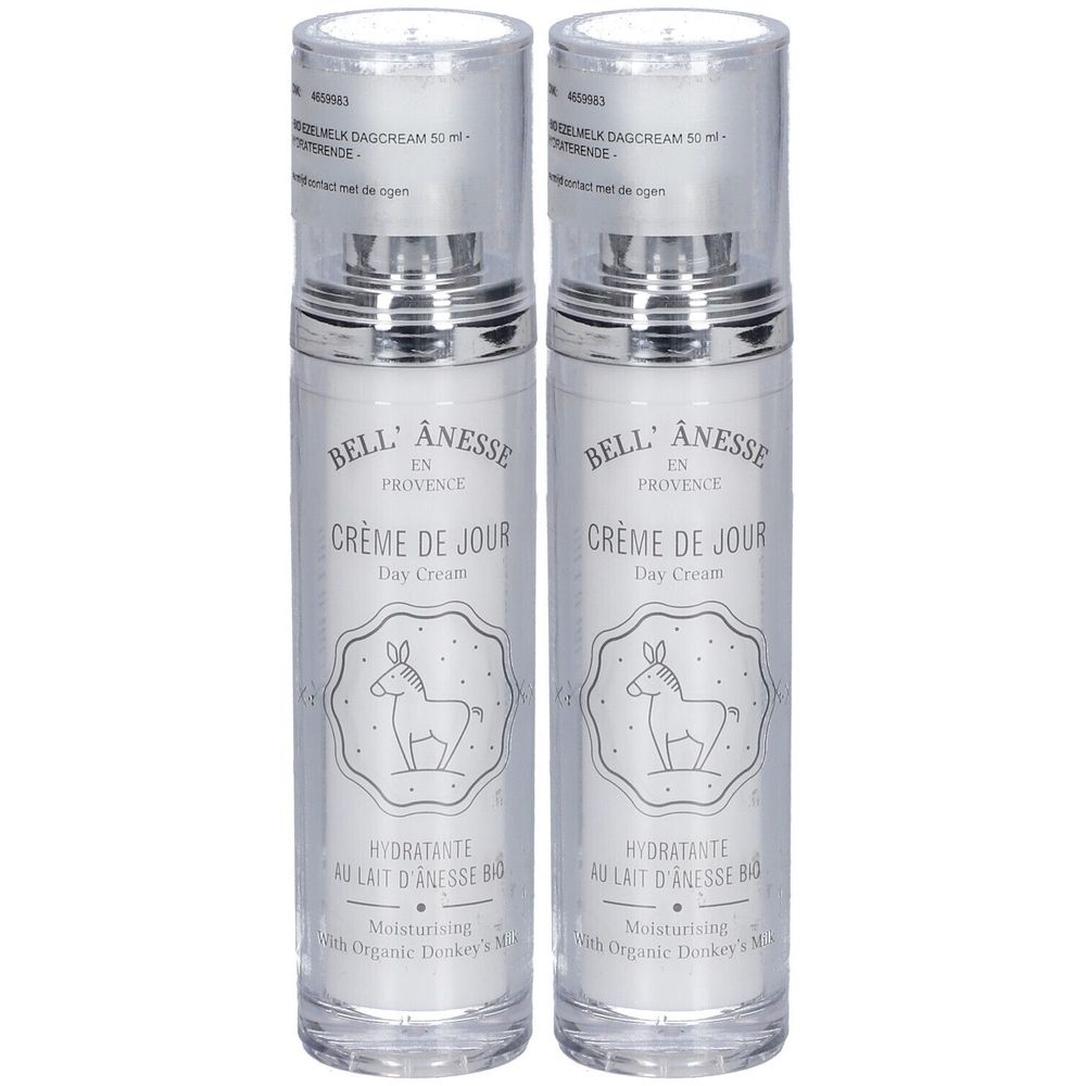 Deux flacons de Crème de Jour. Inscription: Bell' Anesse, Crème de Jour, Day Cream. Au lait d'ânesse bio. Bouchon transparent.