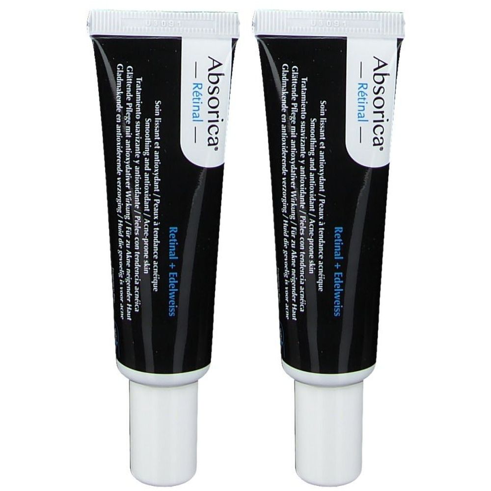 Deux tubes de Absorica Rétinal. Tubes noirs avec texte blanc. Contient du rétinal et de l'edelweiss. Pour peaux à tendance acnéique.