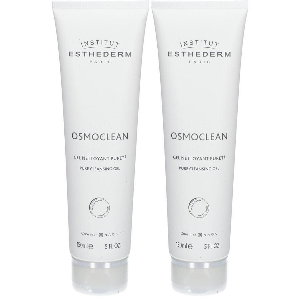 Deux tubes de gel Osmoclean Nettoyant Pureté. Blanc, avec inscription Institut Esthederm Paris. 150ml.