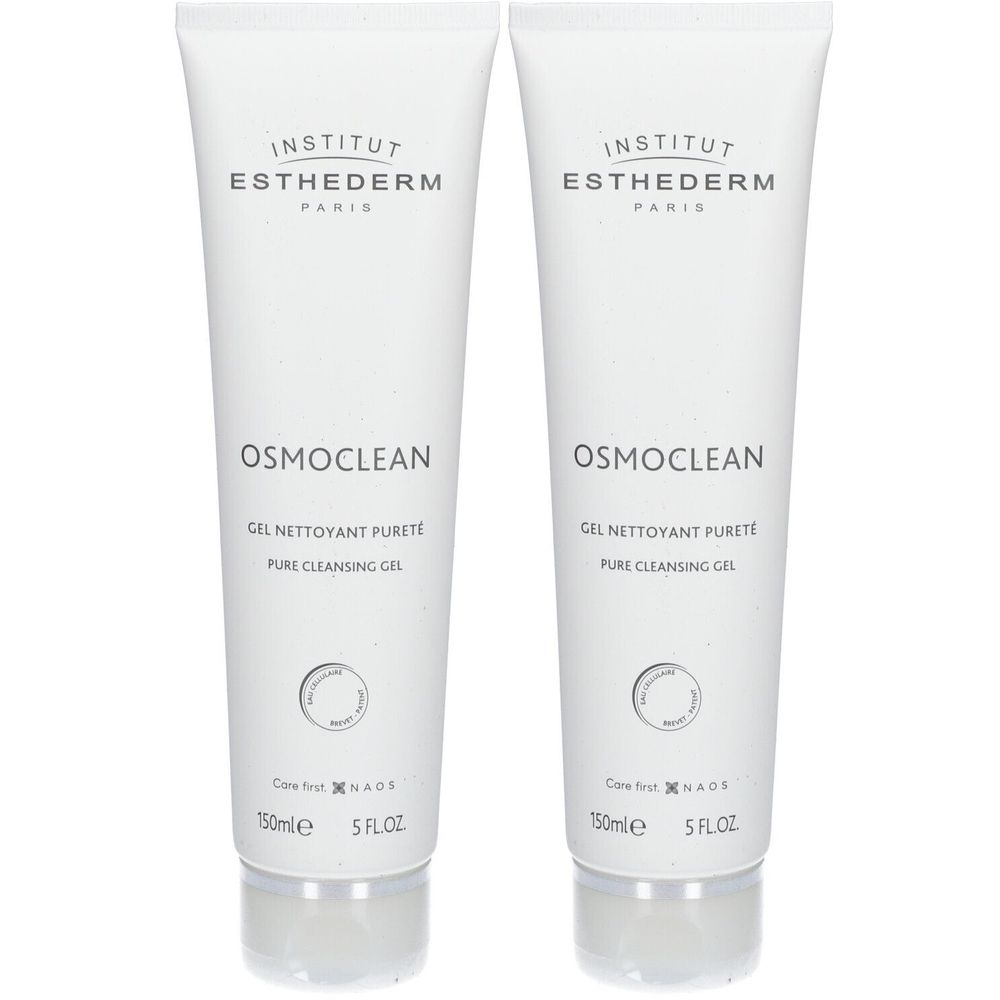 Deux tubes blancs. Inscription: Institut Esthederm, Osmoclean, Gel Nettoyant Pureté, Pure Cleansing Gel. Contenance: 150ml, 5 FL.OZ.
