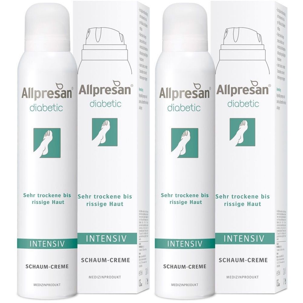 Plusieurs flacons spray blancs et boîtes avec "Allpresan diabetic". Texte : "INTENSIV Schaum-Creme".