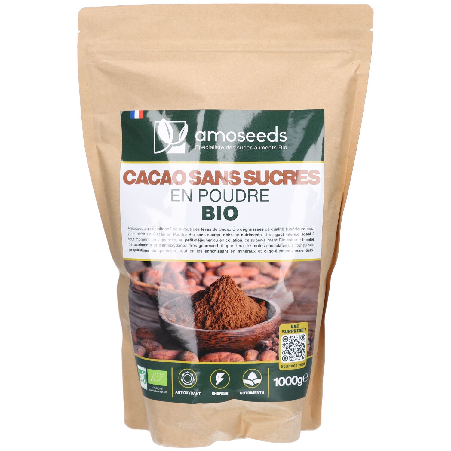 Sachet de AMOSEEDS Cacao Sans Sucres en Poudre. Face avant avec nom du produit, logo et informations nutritionnelles. Certification bio.