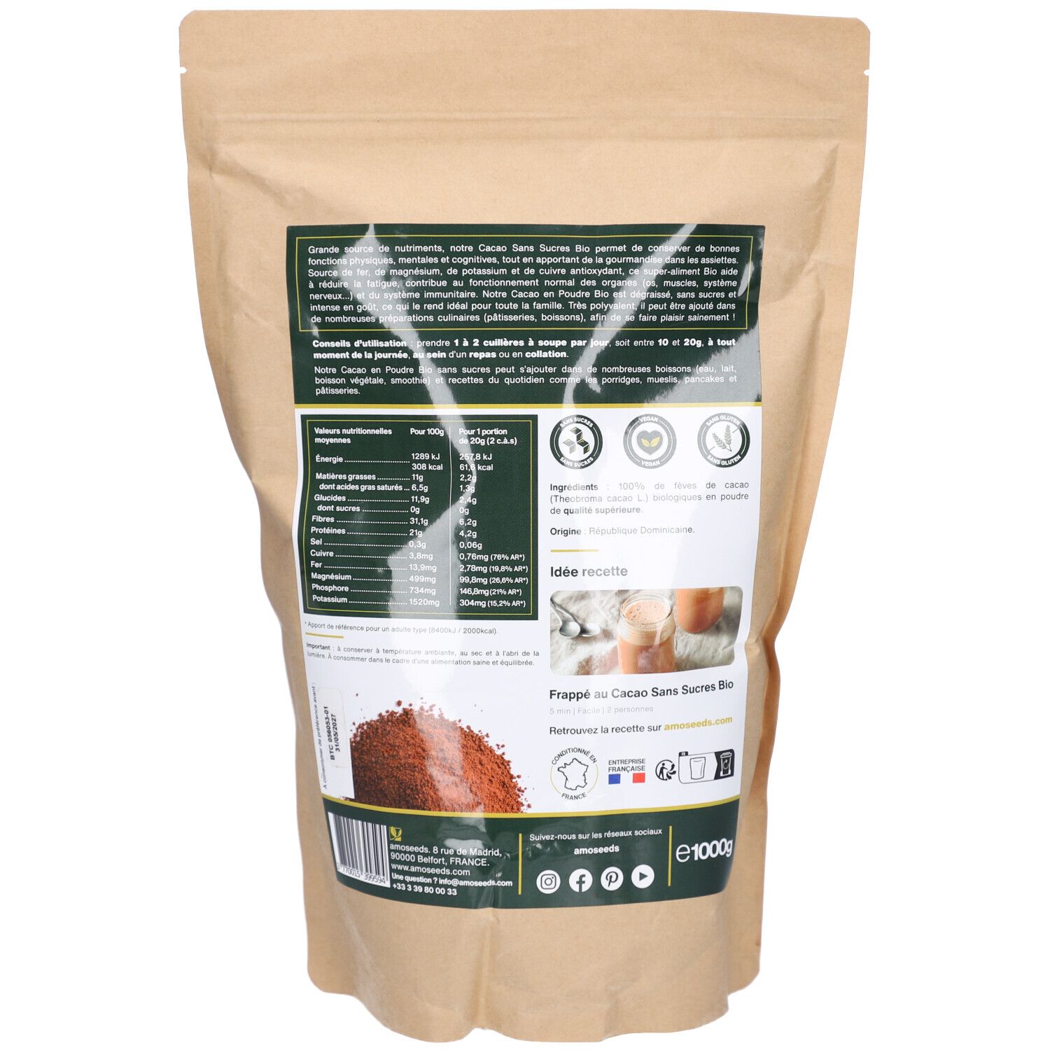Dos du sachet de AMOSEEDS Cacao Sans Sucres en Poudre. Contient informations nutritionnelles, suggestion de recette et certification bio.