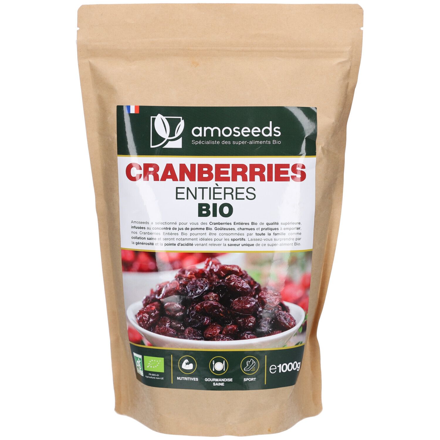 Sachet de Cranberries Entières Bio. Inscription : amoseeds, Cranberries Entières Bio. Label bio. Contenu : 1000g.