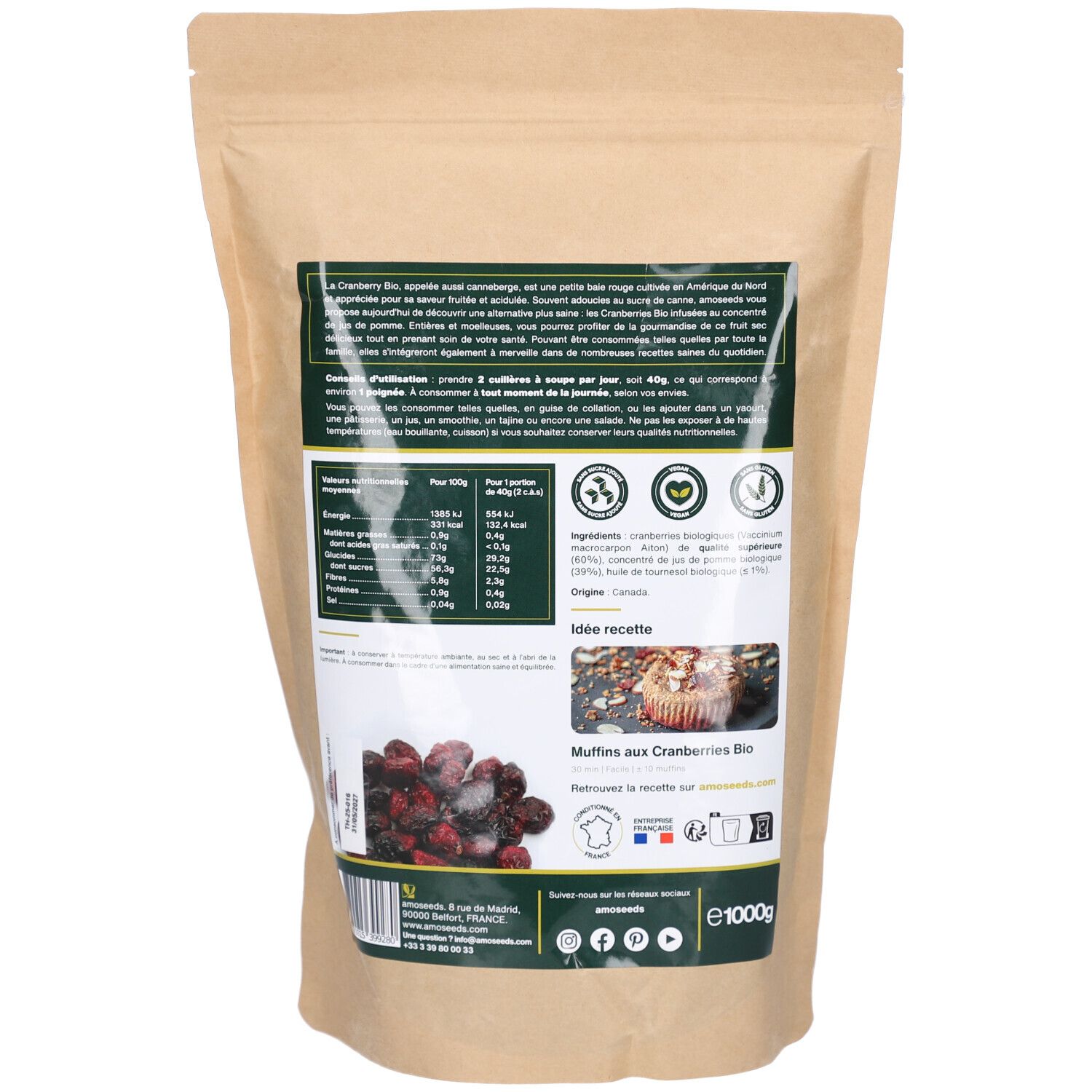 Dos du sachet de Cranberries Entières Bio. Texte, informations nutritionnelles, label bio, origine Canada. Contenu : 1000g.