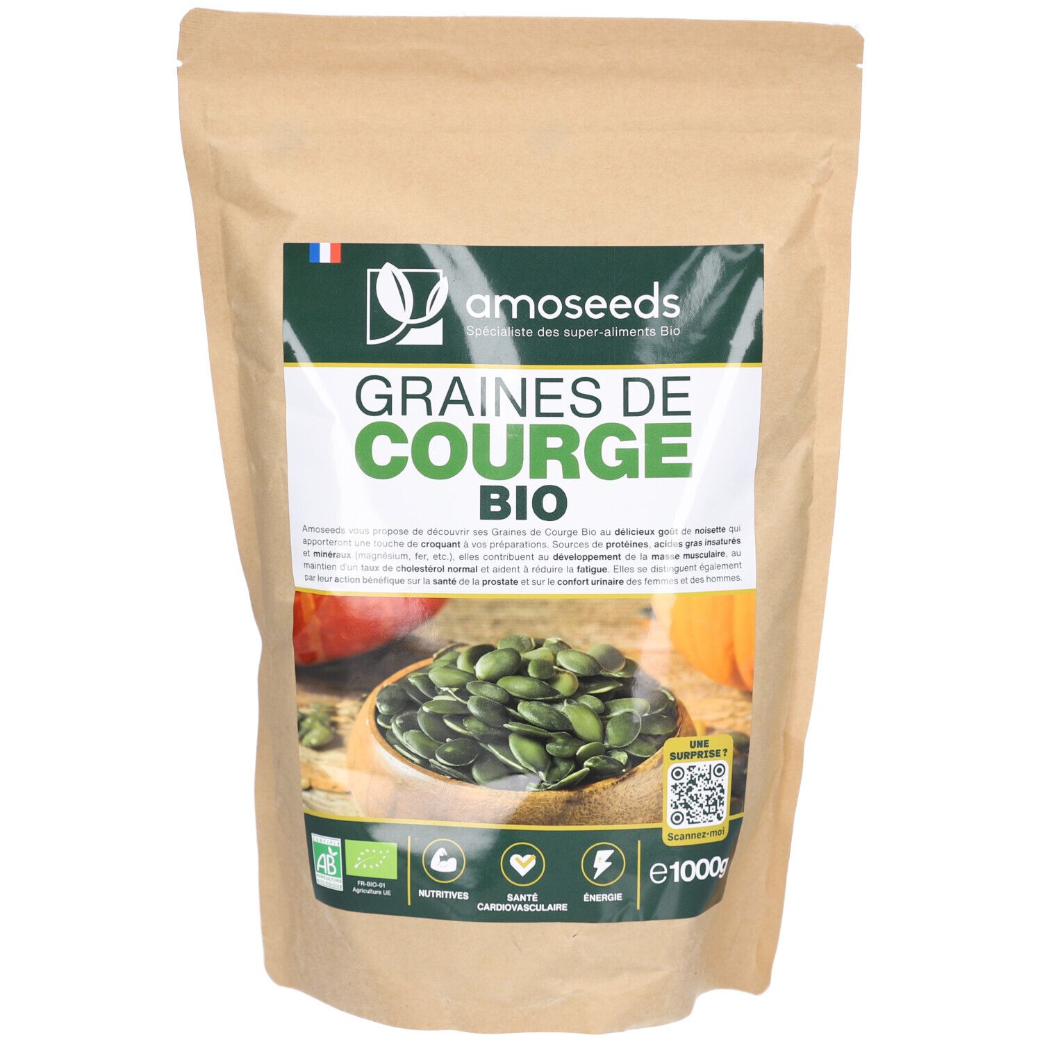 Sachet de graines de courge bio Amoseeds. Étiquette verte et blanche avec nom et logo. Labels bio et QR code.