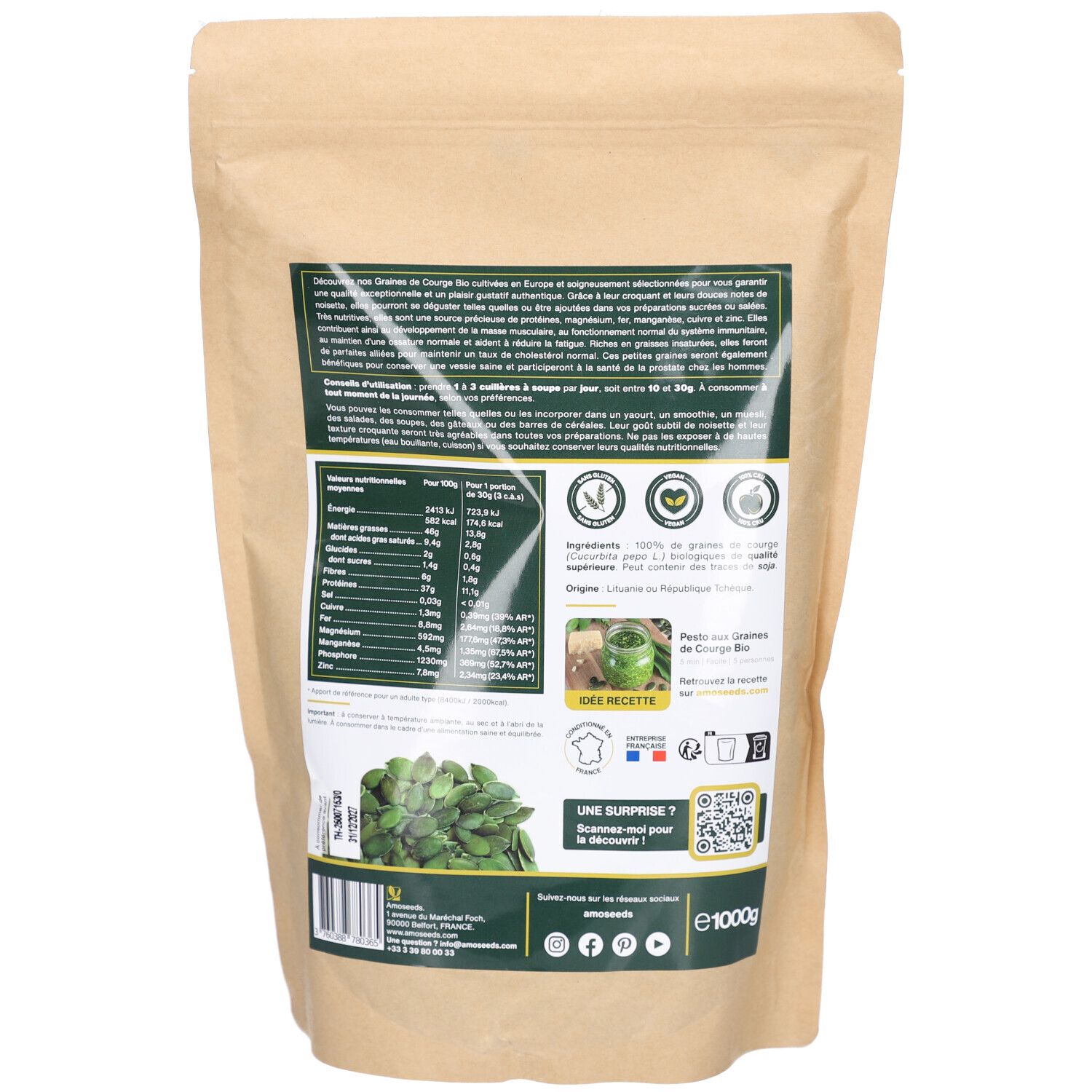 Dos du sachet de graines de courge bio Amoseeds. Texte avec informations nutritionnelles, labels bio et QR code.