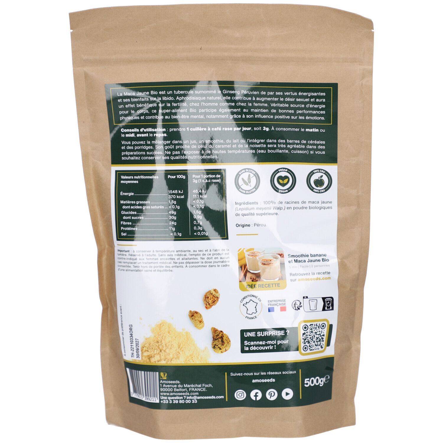 Dos du sachet AMOSEEDS Maca Jaune en Poudre Bio. Informations sur les ingrédients, l'origine et la certification bio.