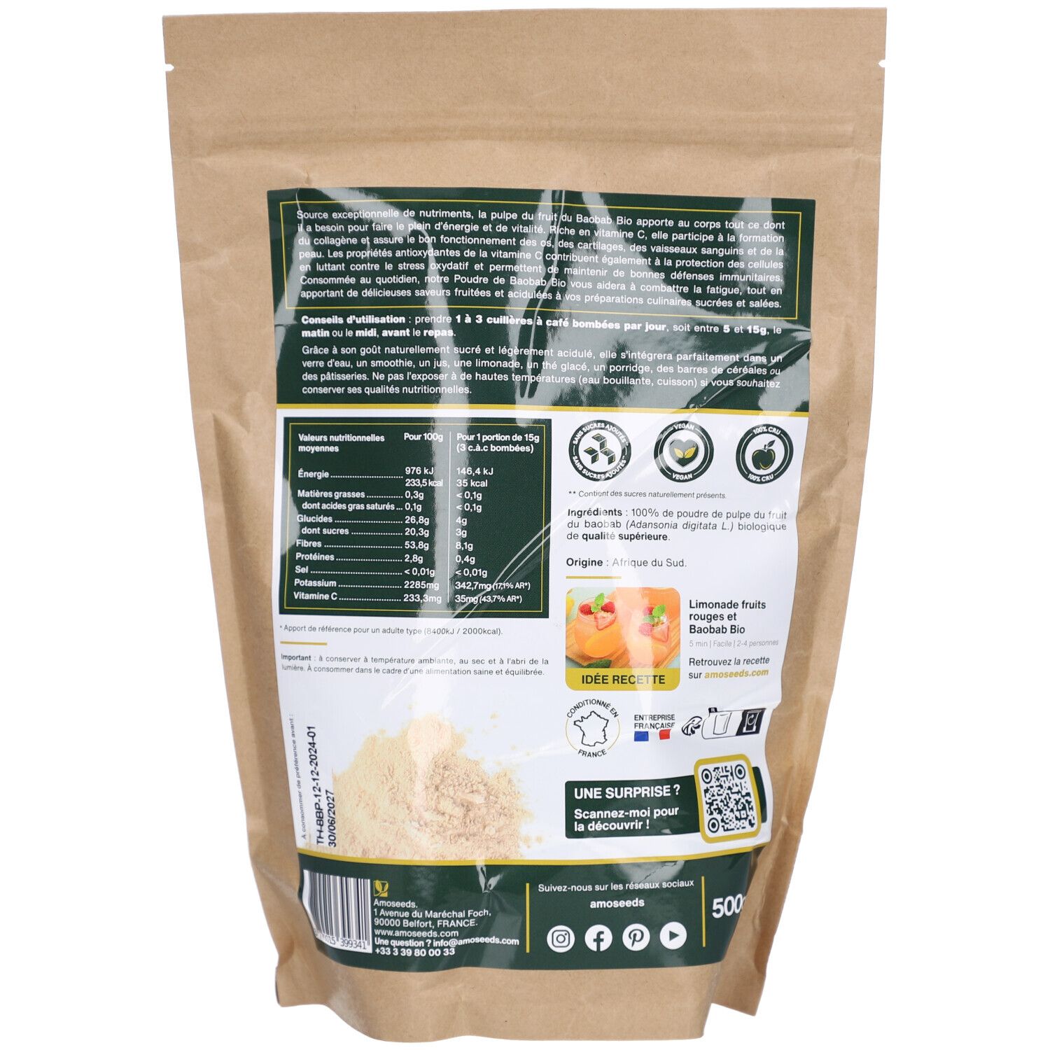 Dos du sachet de poudre de Baobab. Contient informations nutritionnelles, origine et QR code.