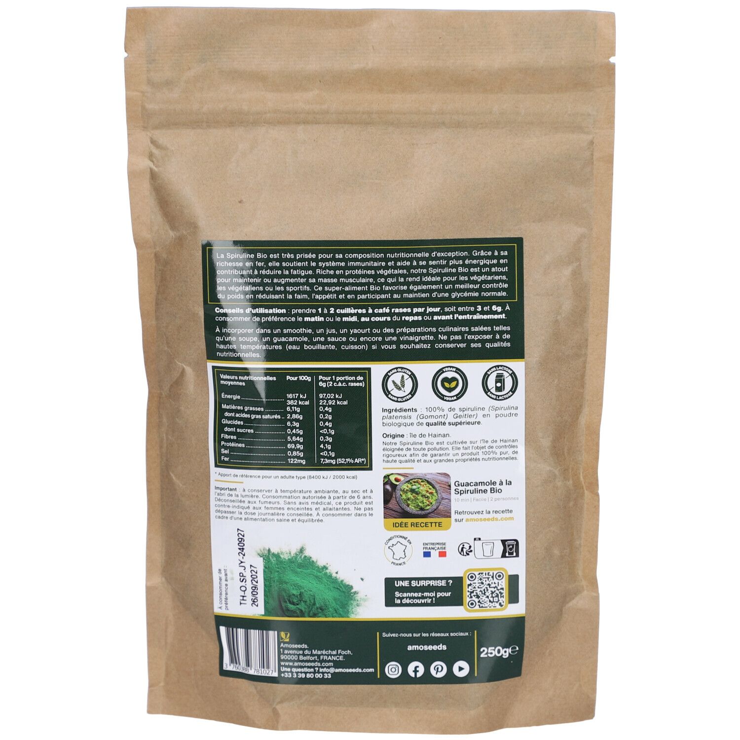 Dos du sachet en papier brun. Texte et informations nutritionnelles. Inscription: AMOSEEDS Spiruline Bio. Code QR et certification bio.