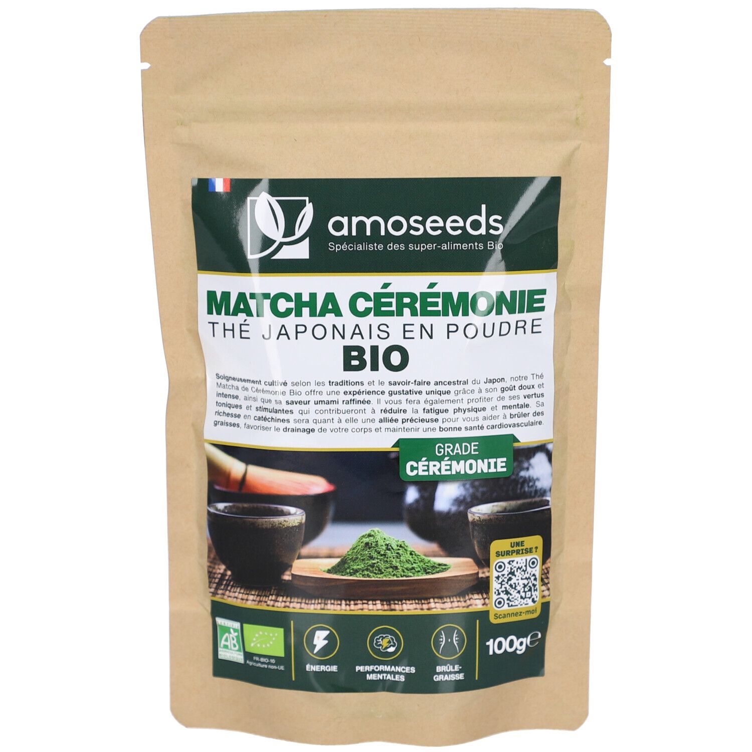 Sachet de AMOSEEDS Thé Matcha Cérémonie. Poudre verte, texte, label bio, 100g. Drapeau français.