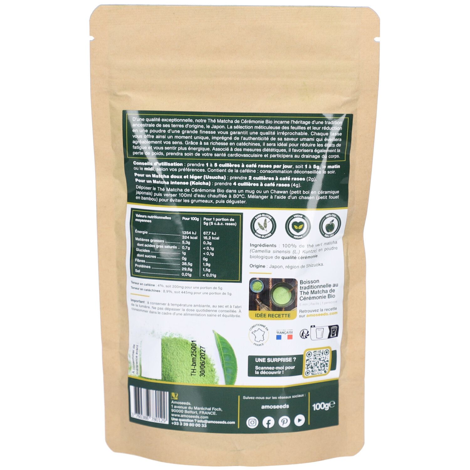 Dos du paquet AMOSEEDS Thé Matcha Cérémonie. Texte, informations nutritionnelles, label bio, 100g.