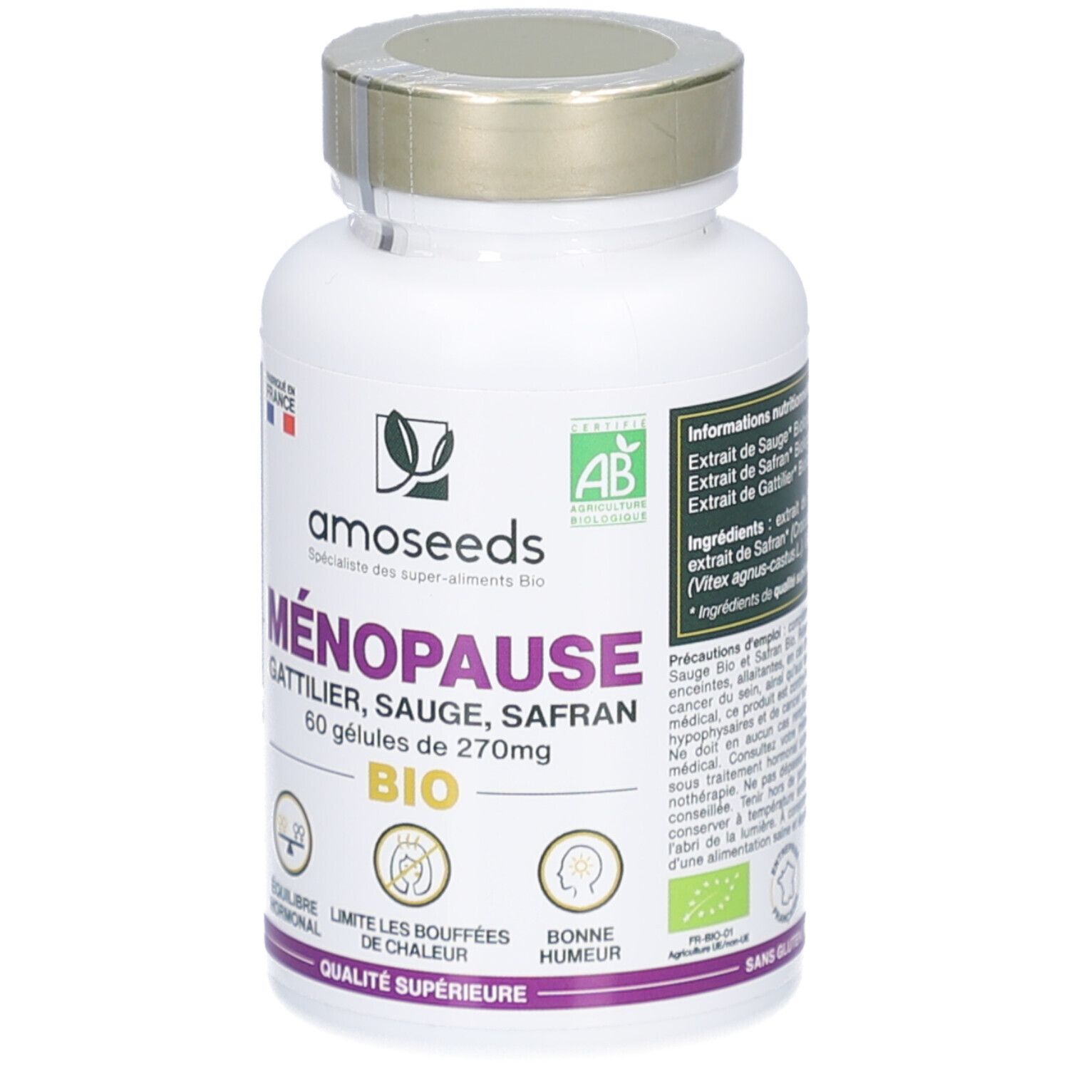 Flacon blanc de gélules. Inscription: Ménopause Bio, 60 gélules. Logo amoseeds. Label AB Bio. Drapeau français.