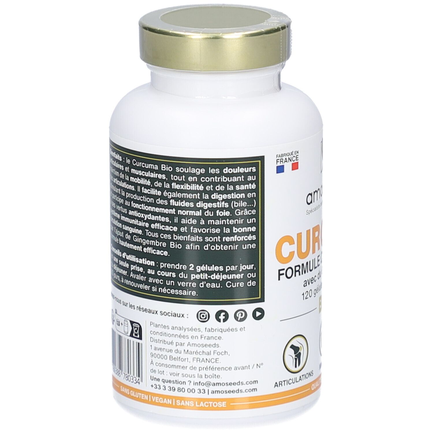 Dos du flacon blanc. Texte: informations d'utilisation et ingrédients. Code QR. Fabriqué en France. Sans gluten, vegan, sans lactose.