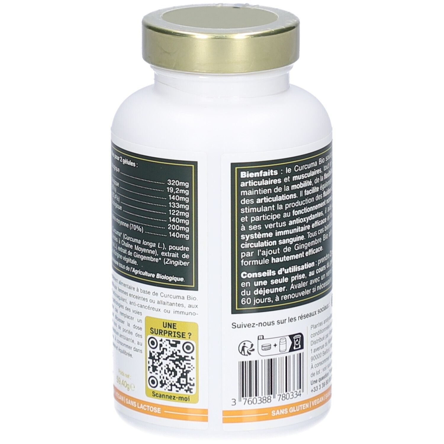 Dos du flacon blanc. Liste des ingrédients et informations nutritionnelles. Code QR. Sans gluten, vegan, sans lactose.