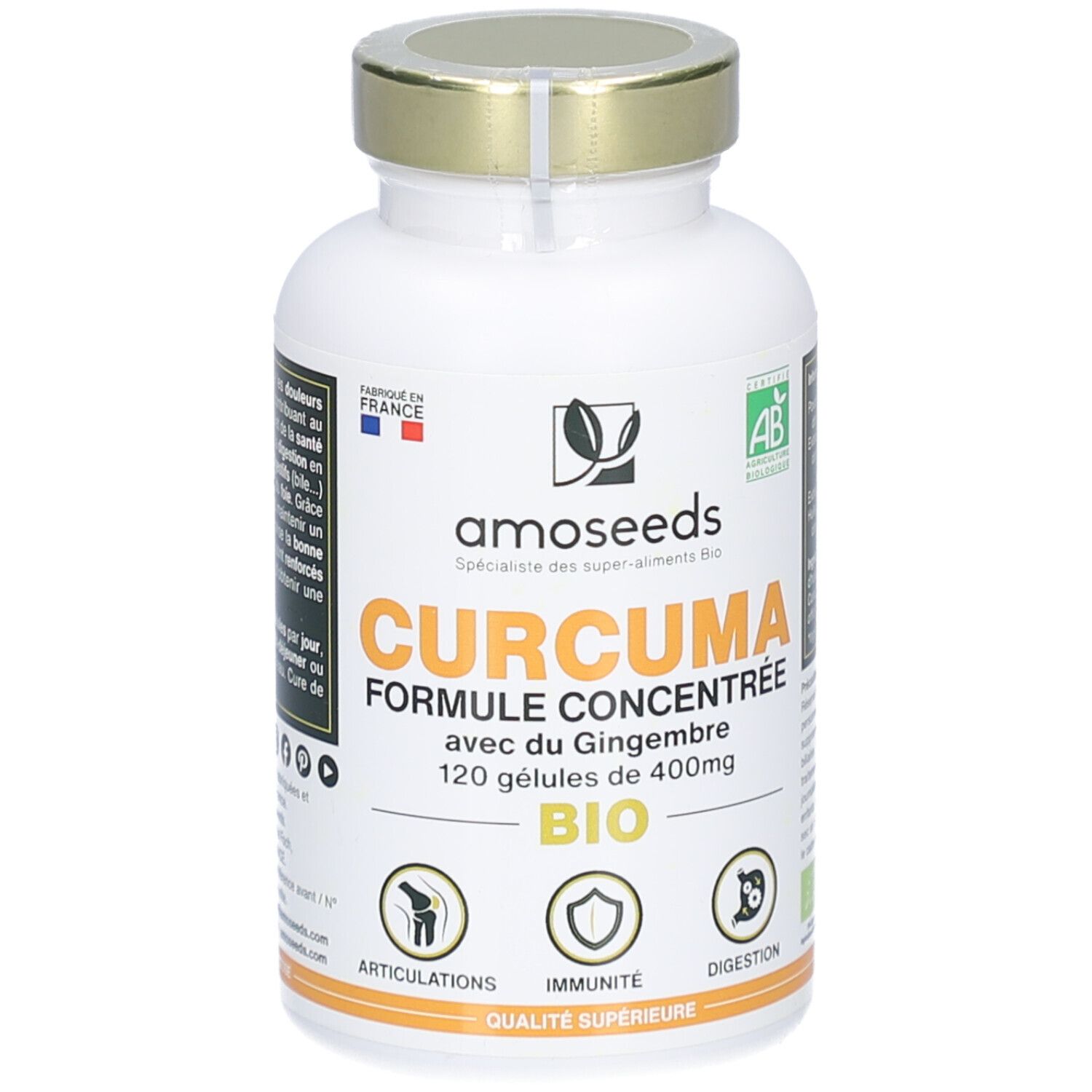 Flacon blanc, bouchon doré. Inscription: CURCUMA FORMULE CONCENTRÉE, 120 gélules. Certification Bio. Logos articulations, immunité, digestion.