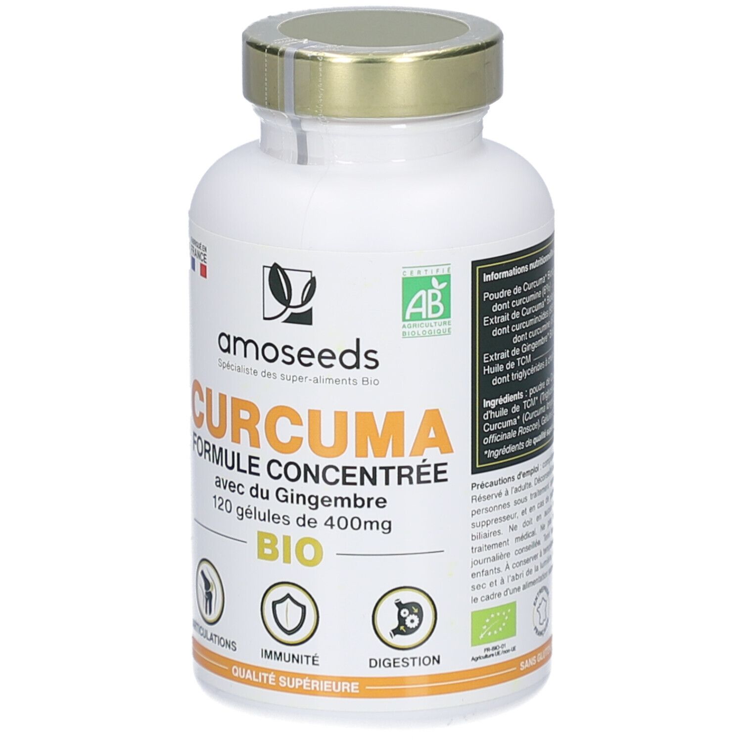 Flacon blanc, bouchon doré. Inscription: CURCUMA FORMULE CONCENTRÉE, 120 gélules. Certification Bio. Logos articulations, immunité, digestion.