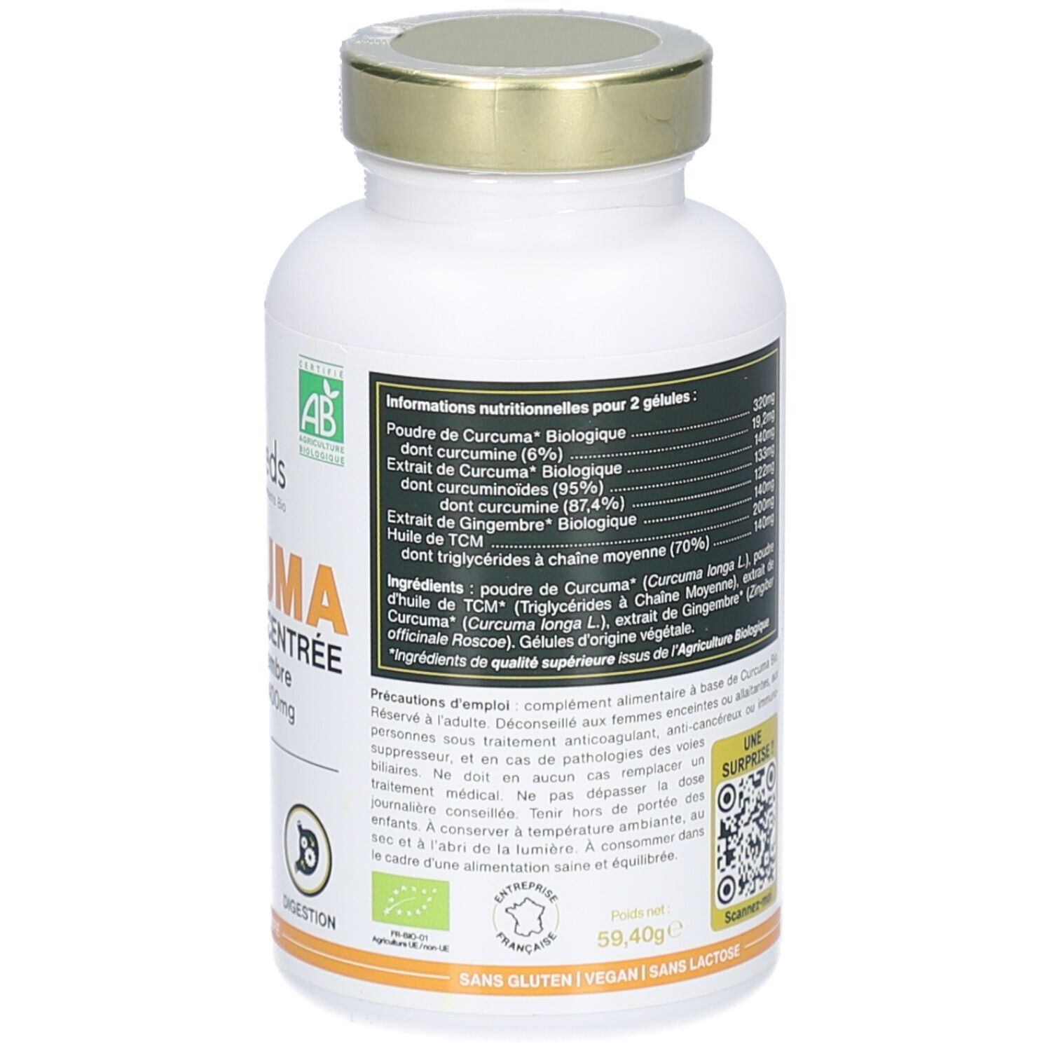 Dos du flacon blanc. Liste des ingrédients et informations nutritionnelles. Code QR. Sans gluten, vegan, sans lactose.