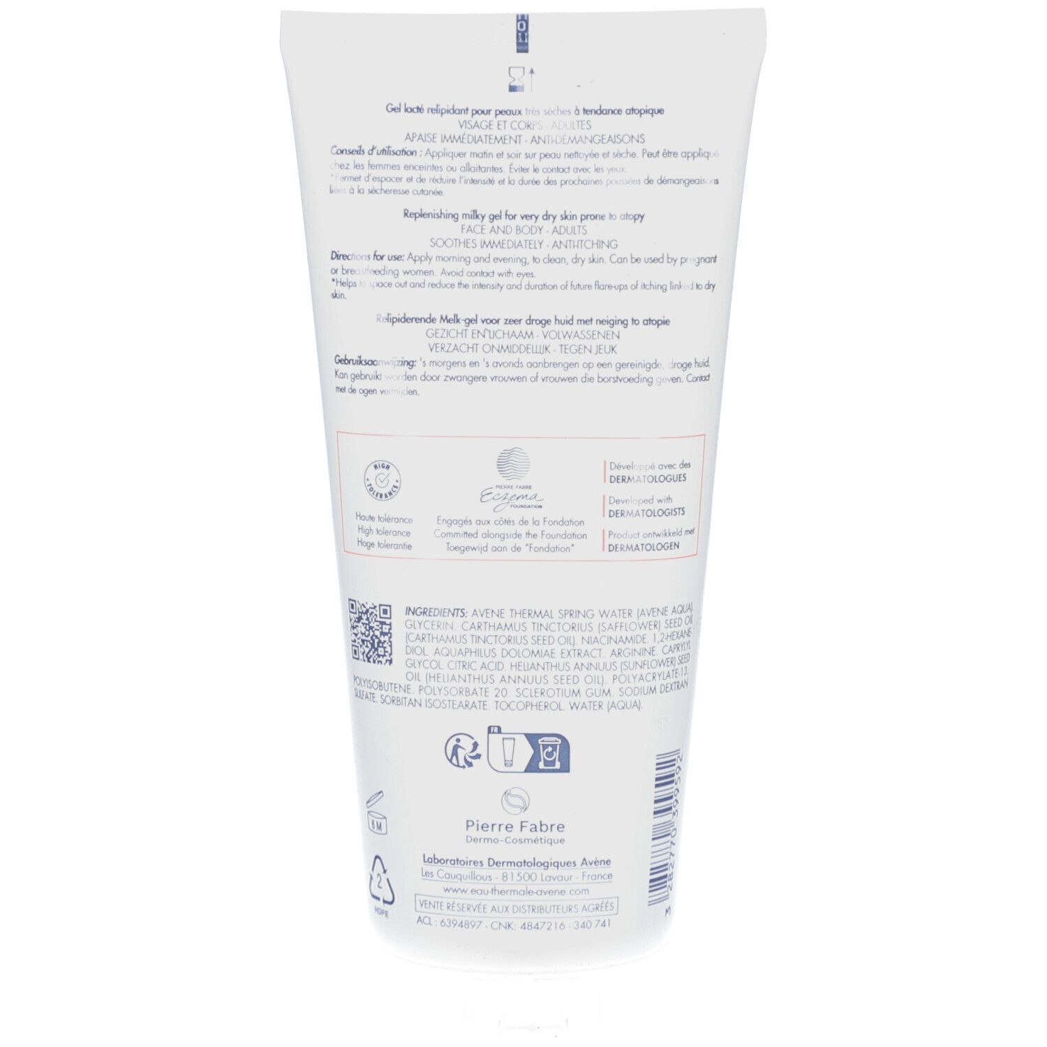 Dos du tube. Texte multilingue. Ingrédients et informations fabricant.