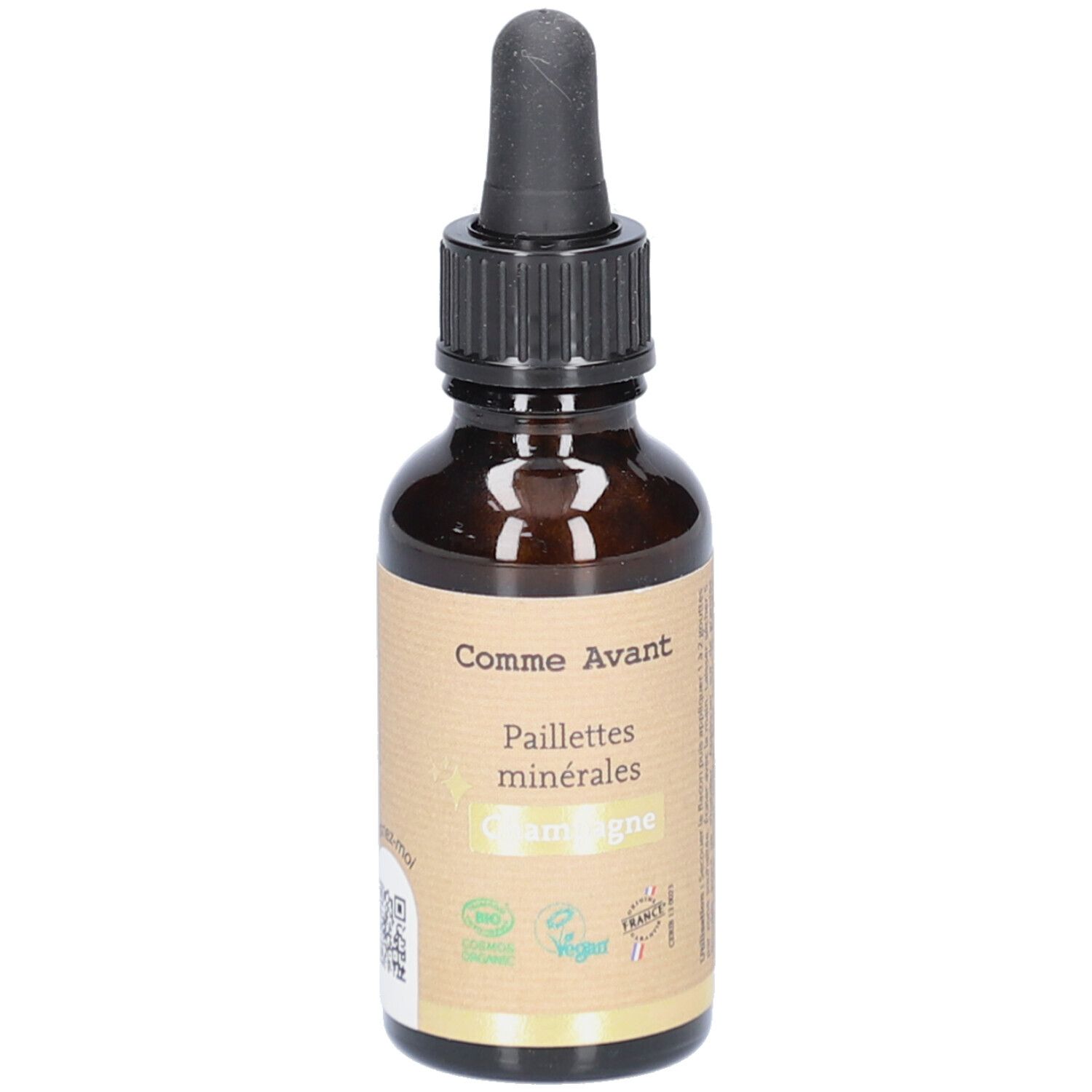 Flacon en verre brun avec compte-gouttes noir. Étiquette avec nom du produit et logo. Labels vegan et bio.