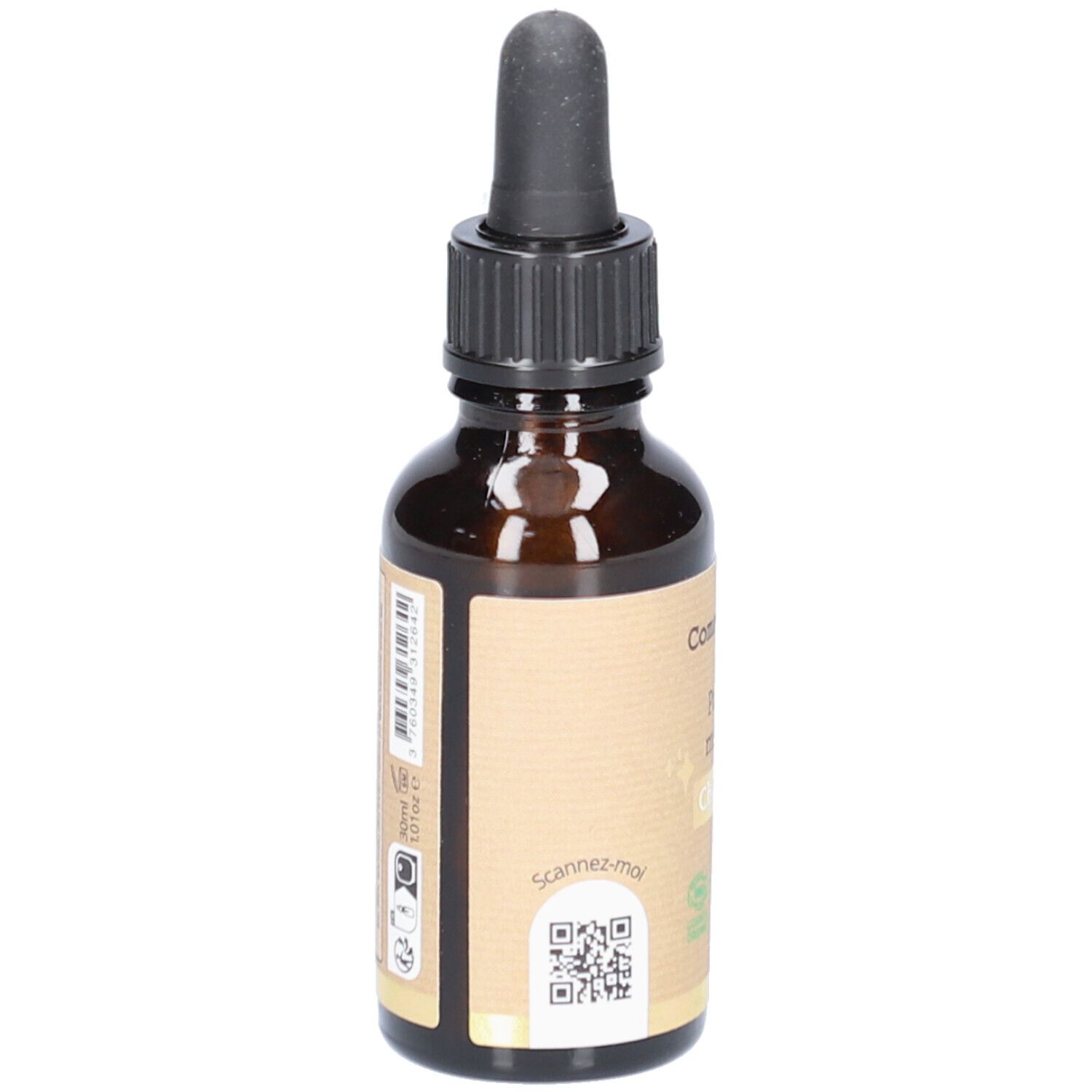 Flacon en verre brun avec compte-gouttes noir. Étiquette avec code-barres et QR code. Labels vegan et bio.