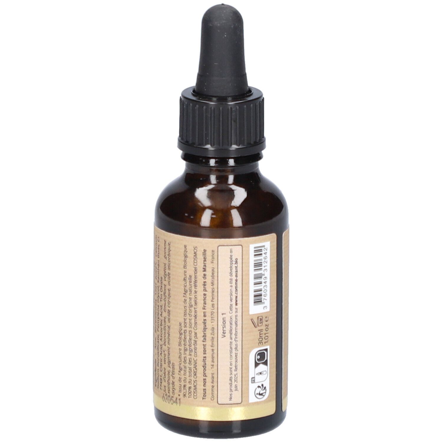 Flacon en verre brun avec compte-gouttes noir. Étiquette avec texte et QR code. Labels vegan et bio.