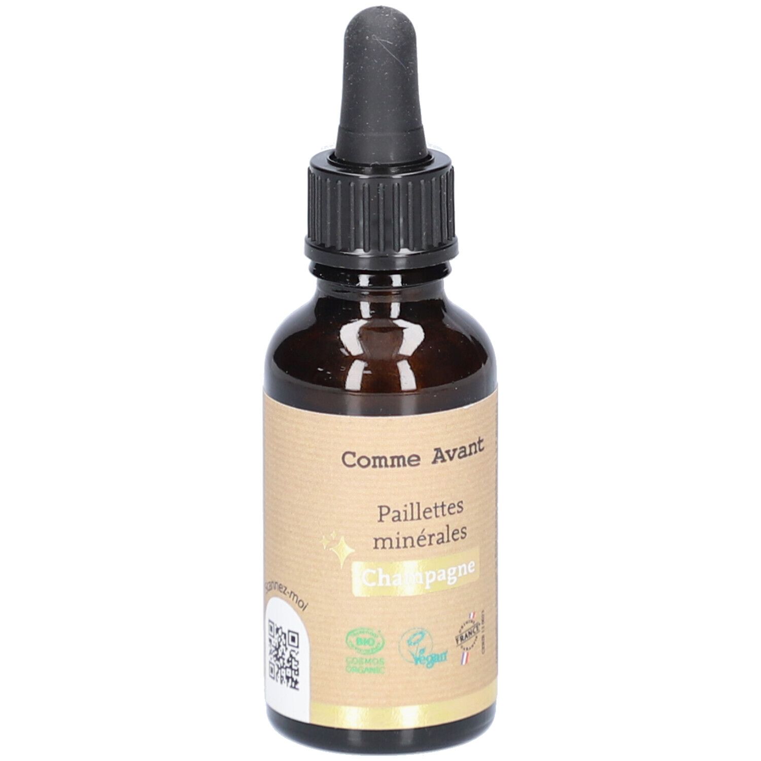 Flacon en verre brun avec compte-gouttes noir. Étiquette avec nom du produit et logo. Labels vegan et bio.