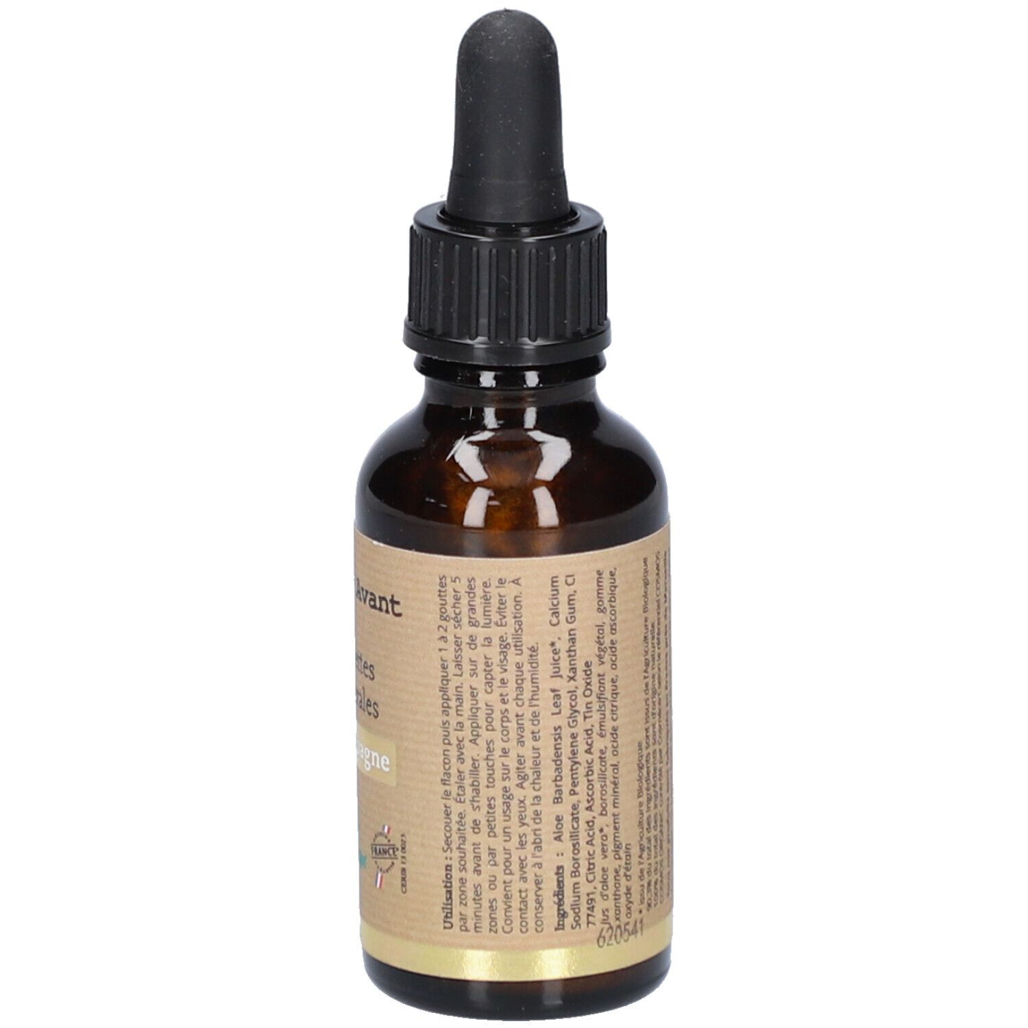 Flacon en verre brun avec compte-gouttes noir. Étiquette avec nom du produit, ingrédients et logo. Labels vegan et bio.