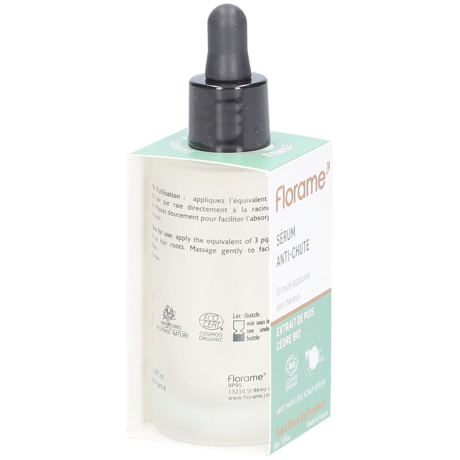 Flacon de sérum avec compte-gouttes et emballage. Inscription : Sérum Anti-Chute, Extrait de pois, Cèdre Bio. Certification bio. Mode d'emploi.