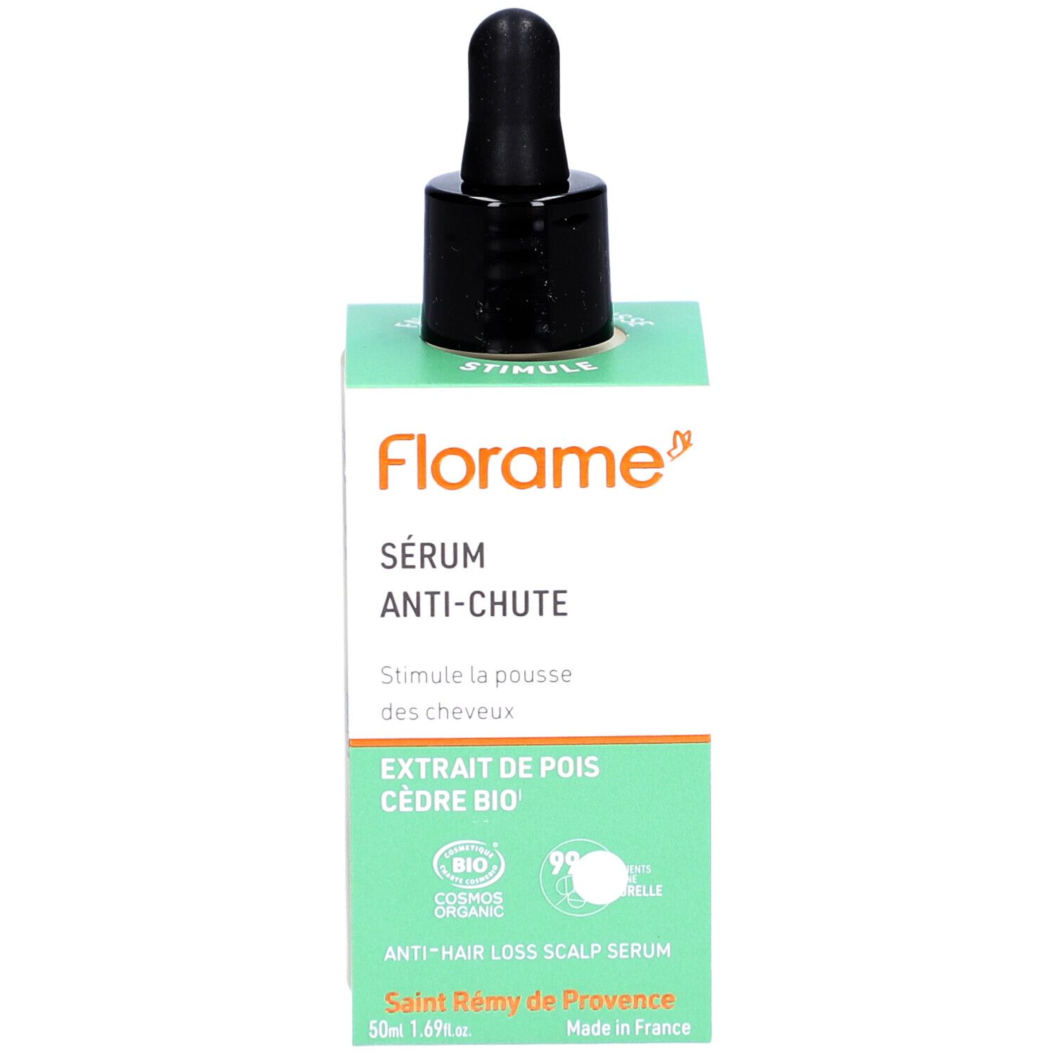Flacon de sérum avec compte-gouttes et emballage. Inscription : Sérum Anti-Chute, Extrait de pois, Cèdre Bio. Certification bio. 50ml.