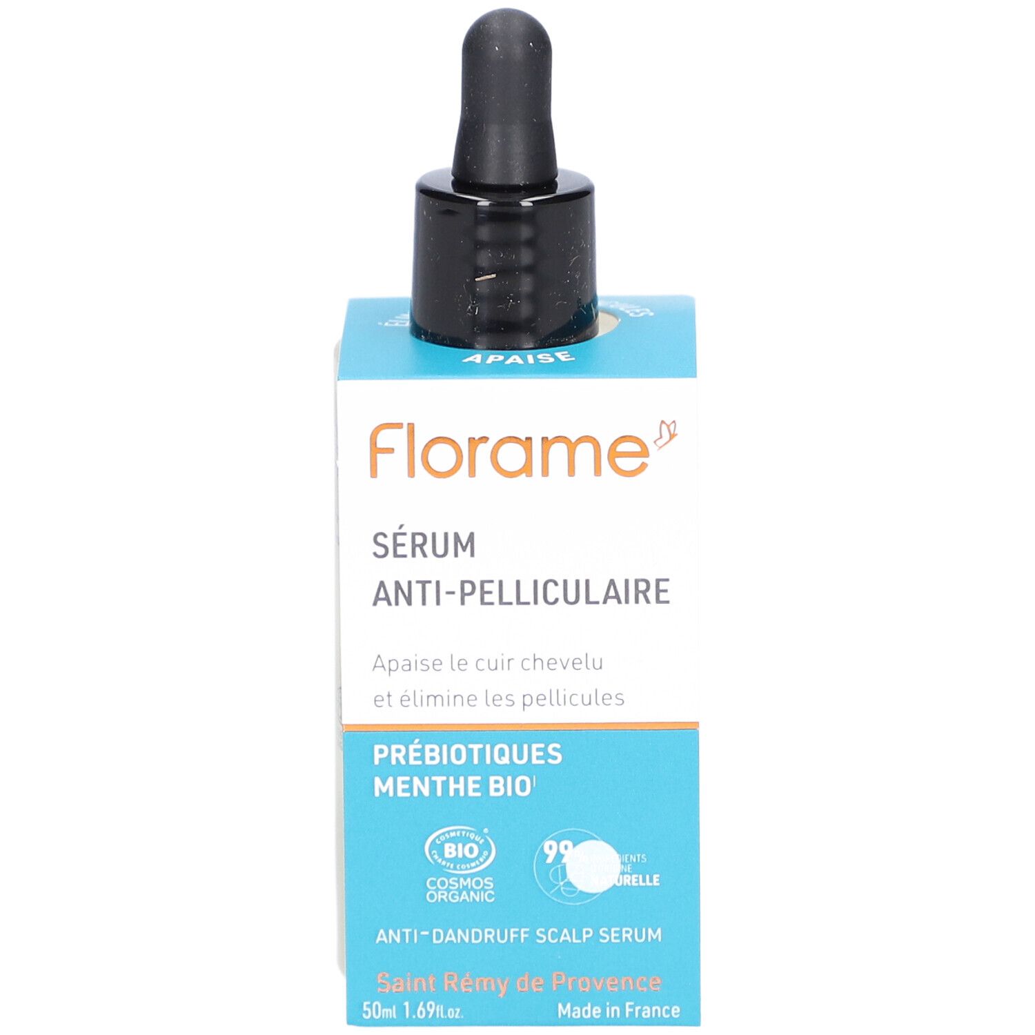 Flacon de sérum avec compte-gouttes noir dans son emballage. Inscription : Florame, Sérum Anti-Pelliculaire, Anti-Dandruff Scalp Serum.