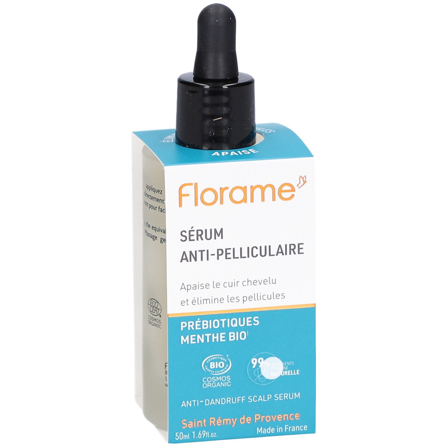 Flacon de sérum avec compte-gouttes noir dans son emballage. Inscription : Florame, Sérum Anti-Pelliculaire, Anti-Dandruff Scalp Serum.