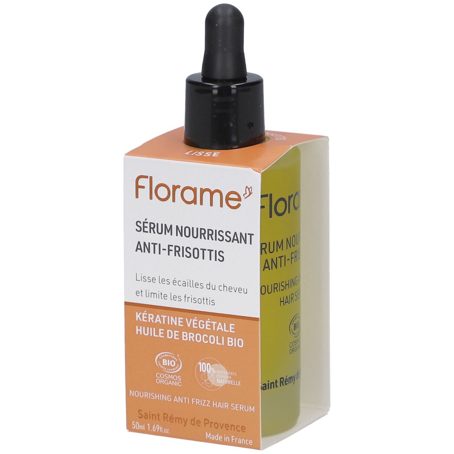 Flacon de sérum avec pipette noire dans une boîte orange. La boîte indique "Sérum Nourrissant Anti-Frisottis".