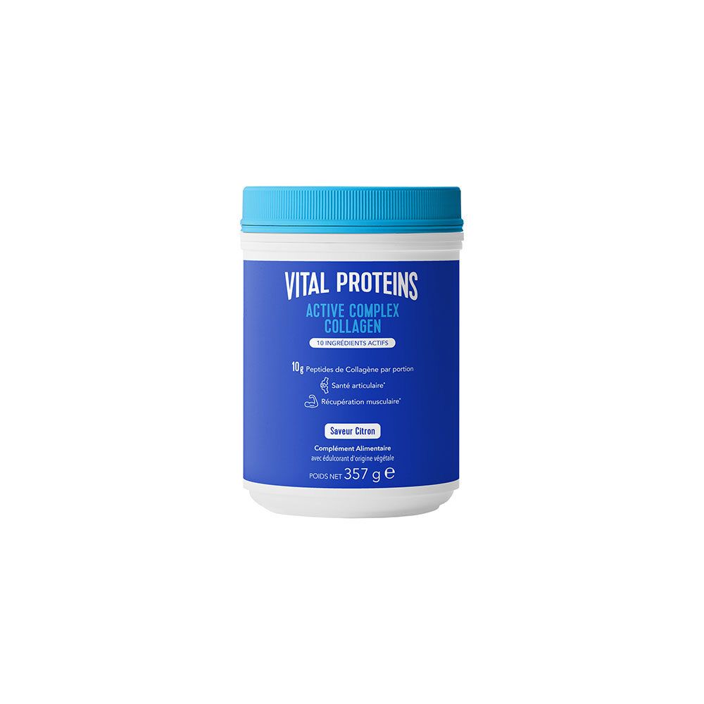 Boîte bleu et blanche avec couvercle bleu. Inscription: VITAL PROTEINS ACTIVE COMPLEX COLLAGEN. 357 g.