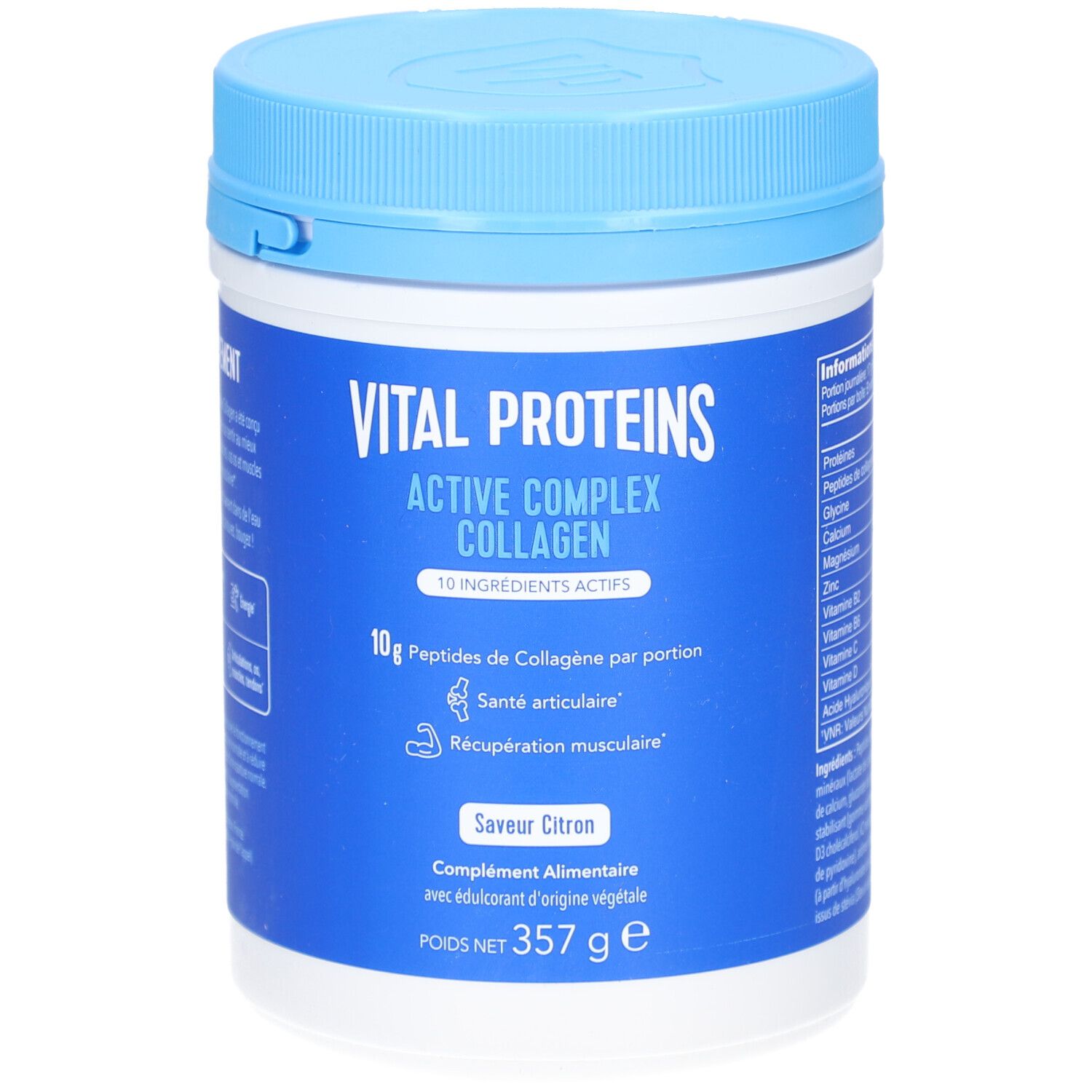 Pot bleu et blanc Vital Proteins Active Complex Collagen. Contient 10g de peptides de collagène par portion. Saveur citron.