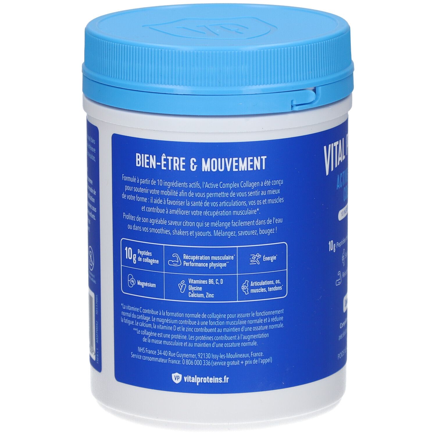 Dos du pot. Texte: Bien-Être & Mouvement. Contient 10g de peptides de collagène. Avec magnésium, vitamines et zinc.