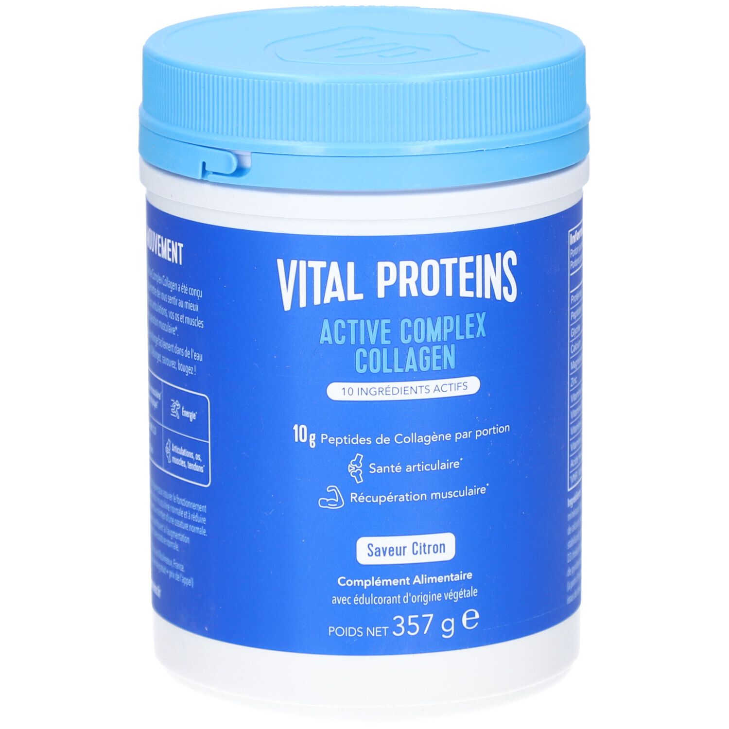 Pot bleu et blanc Vital Proteins Active Complex Collagen. Contient 10g de peptides de collagène par portion. Saveur citron.
