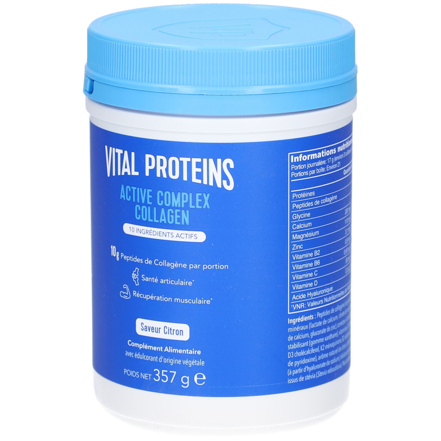 Pot bleu et blanc Vital Proteins Active Complex Collagen. Contient 10g de peptides de collagène par portion. Saveur citron. Ingrédients.