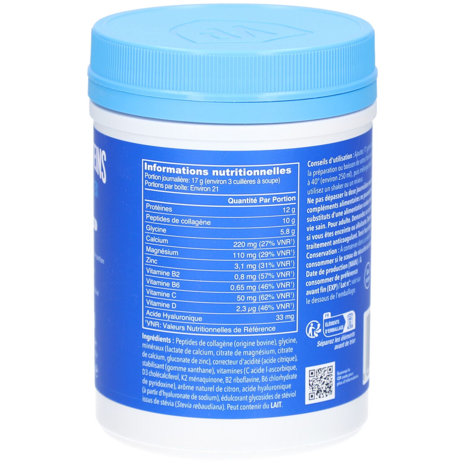 Dos du pot. Informations nutritionnelles. Contient des informations sur les protéines, le collagène, la glycine, le calcium, le magnésium, le zinc, les vitamines.