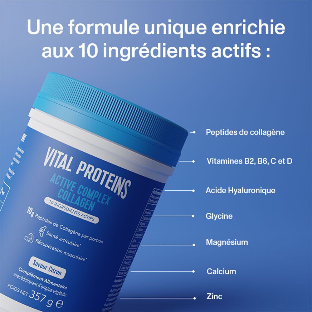 Produit avec ingrédients: Peptides de collagène, vitamines B2, B6, C, D, acide hyaluronique, glycine, magnésium, calcium, zinc.