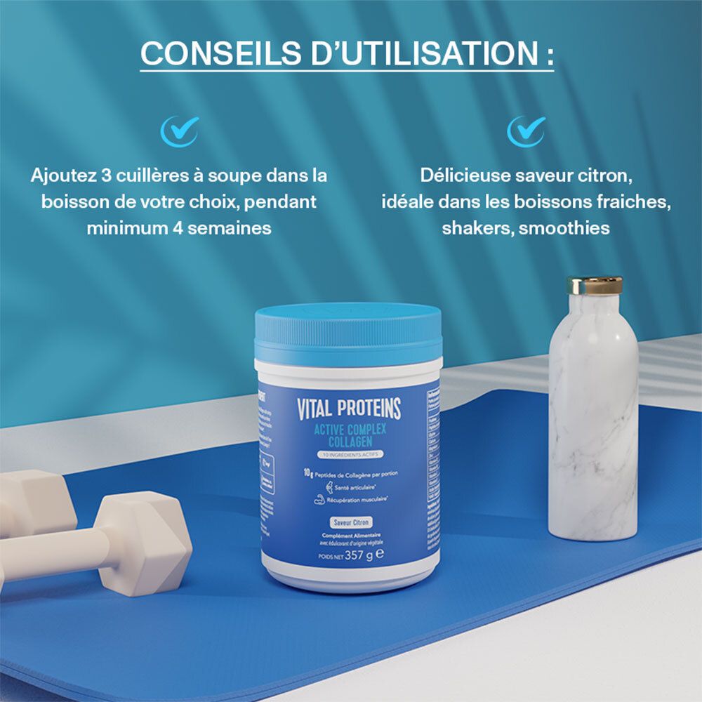 Produit avec boîte, bouteille d'eau, haltères sur tapis bleu. Utilisation: 3 cuillères à soupe dans boisson, min. 4 semaines.