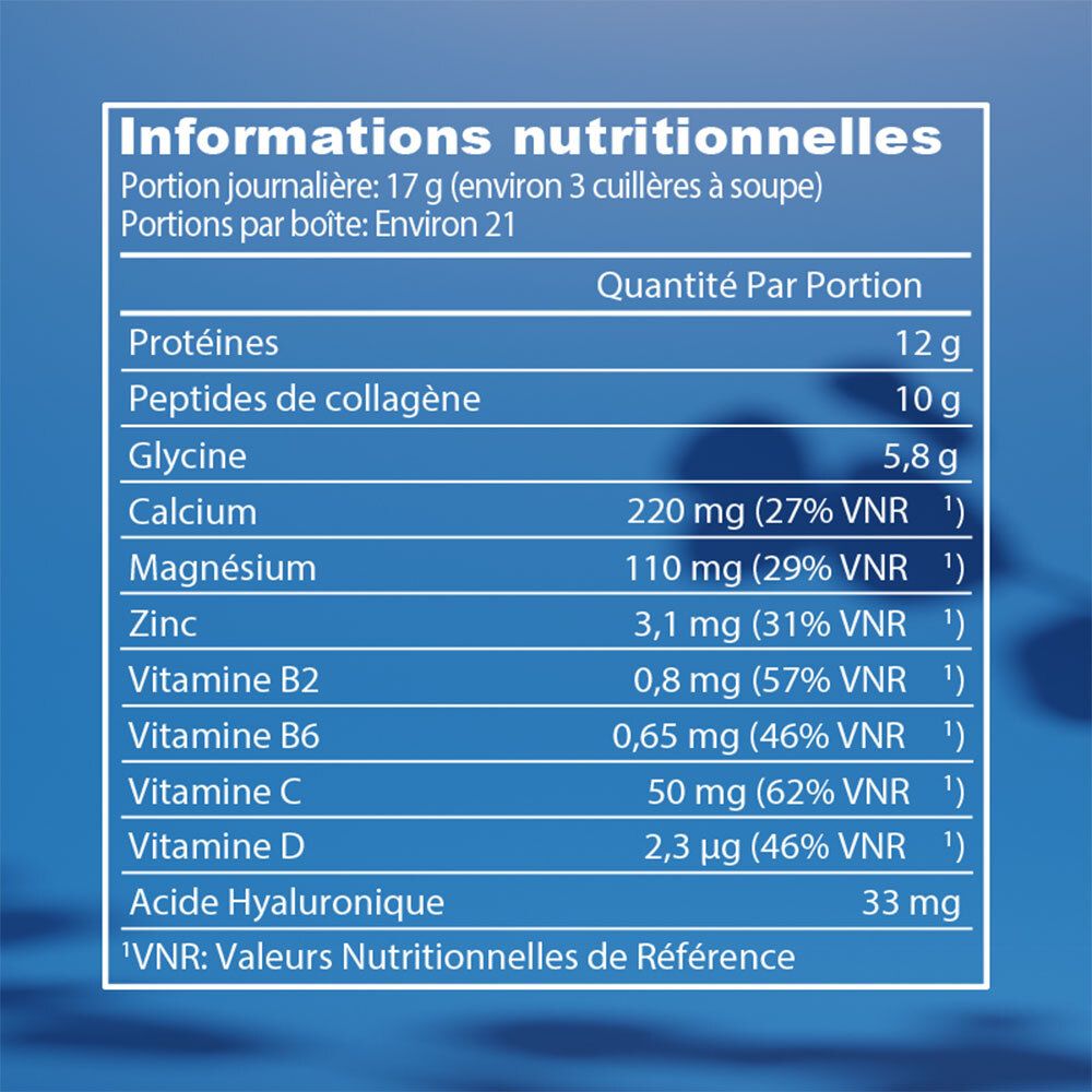 Tableau nutritionnel: Protéines, peptides de collagène, glycine, calcium, magnésium, zinc, vitamines B2, B6, C, D, acide hyaluronique.