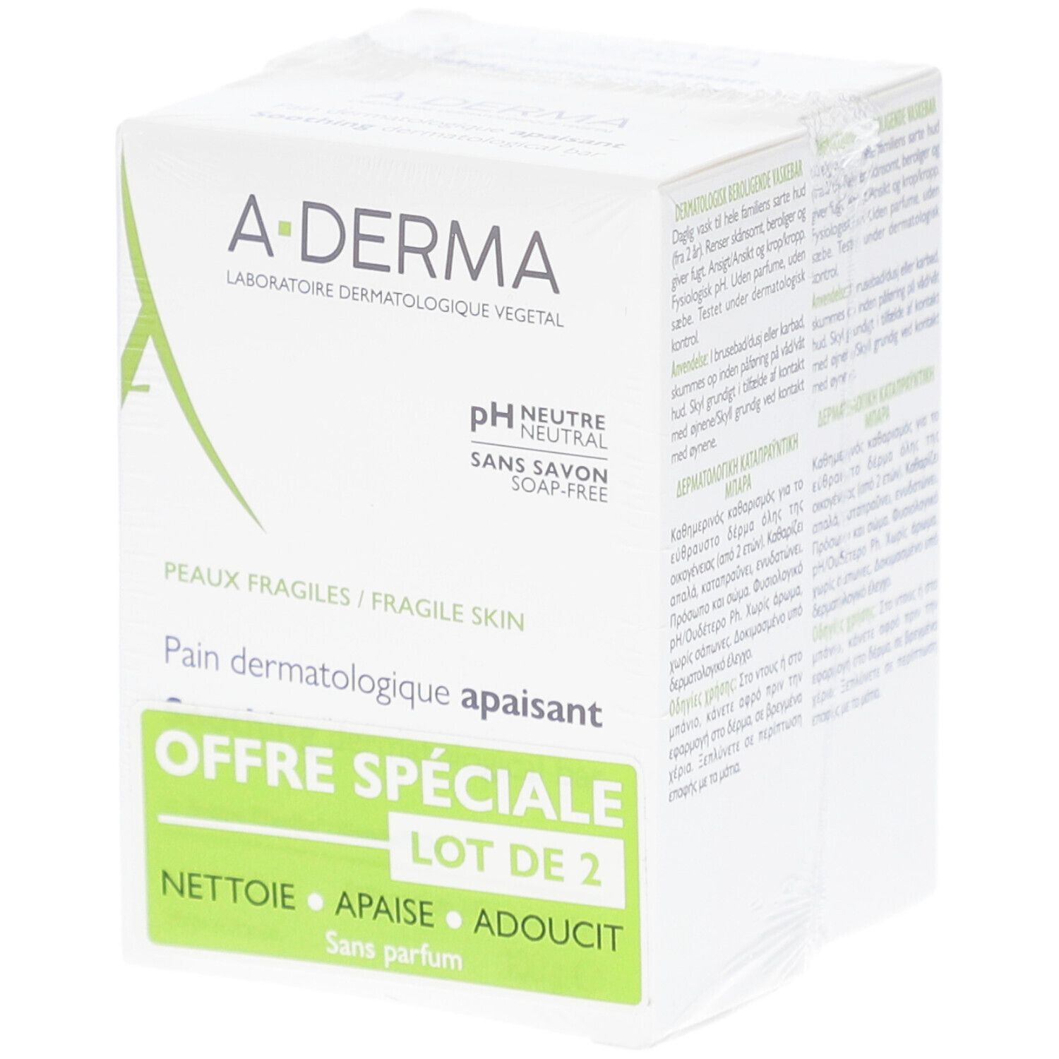 Emballage de deux pains dermatologiques A-DERMA. pH neutre, sans savon. Offre spéciale pour peaux fragiles. Lot de 2.