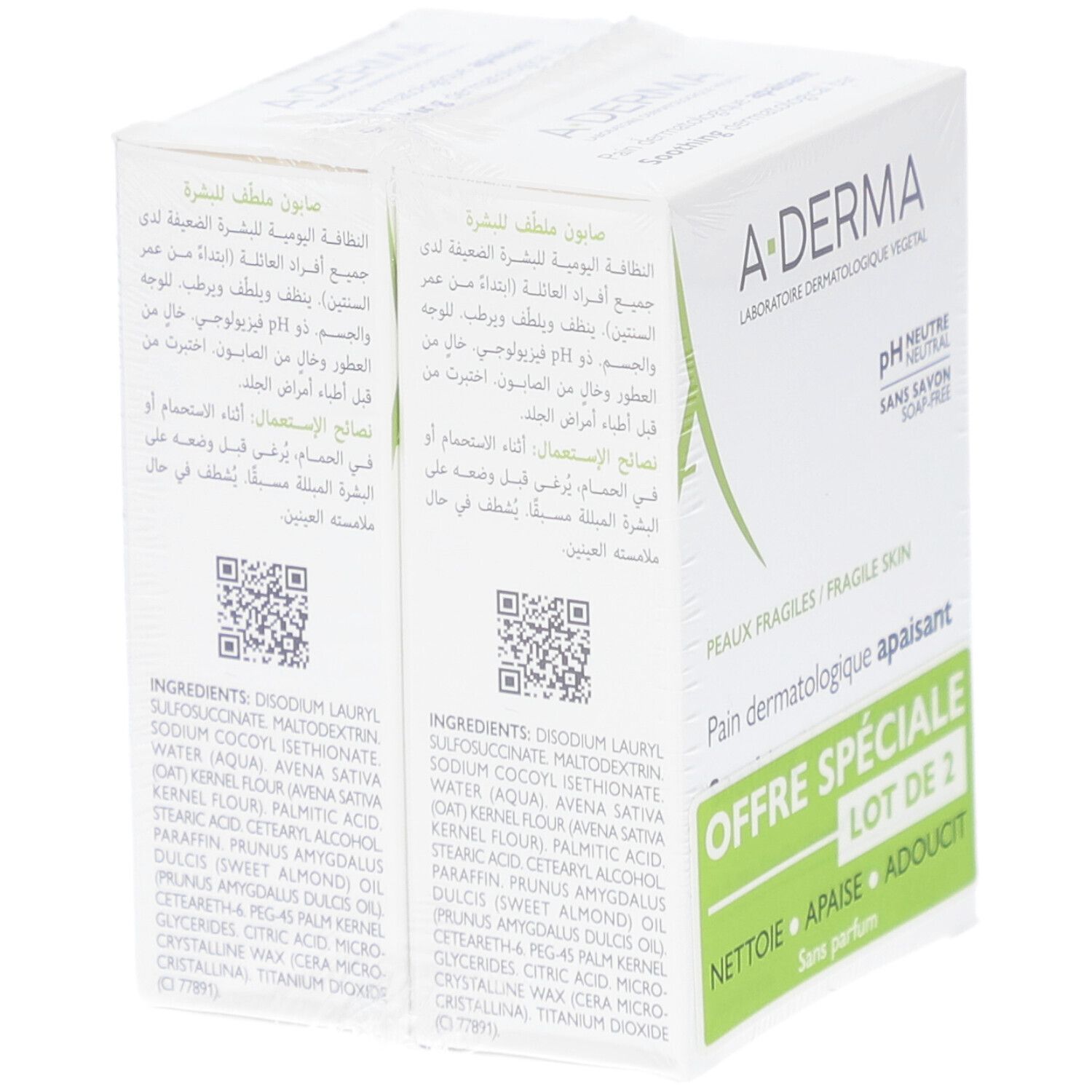 Emballage de deux pains dermatologiques A-DERMA. pH neutre, sans savon. Offre spéciale pour peaux fragiles. Lot de 2.