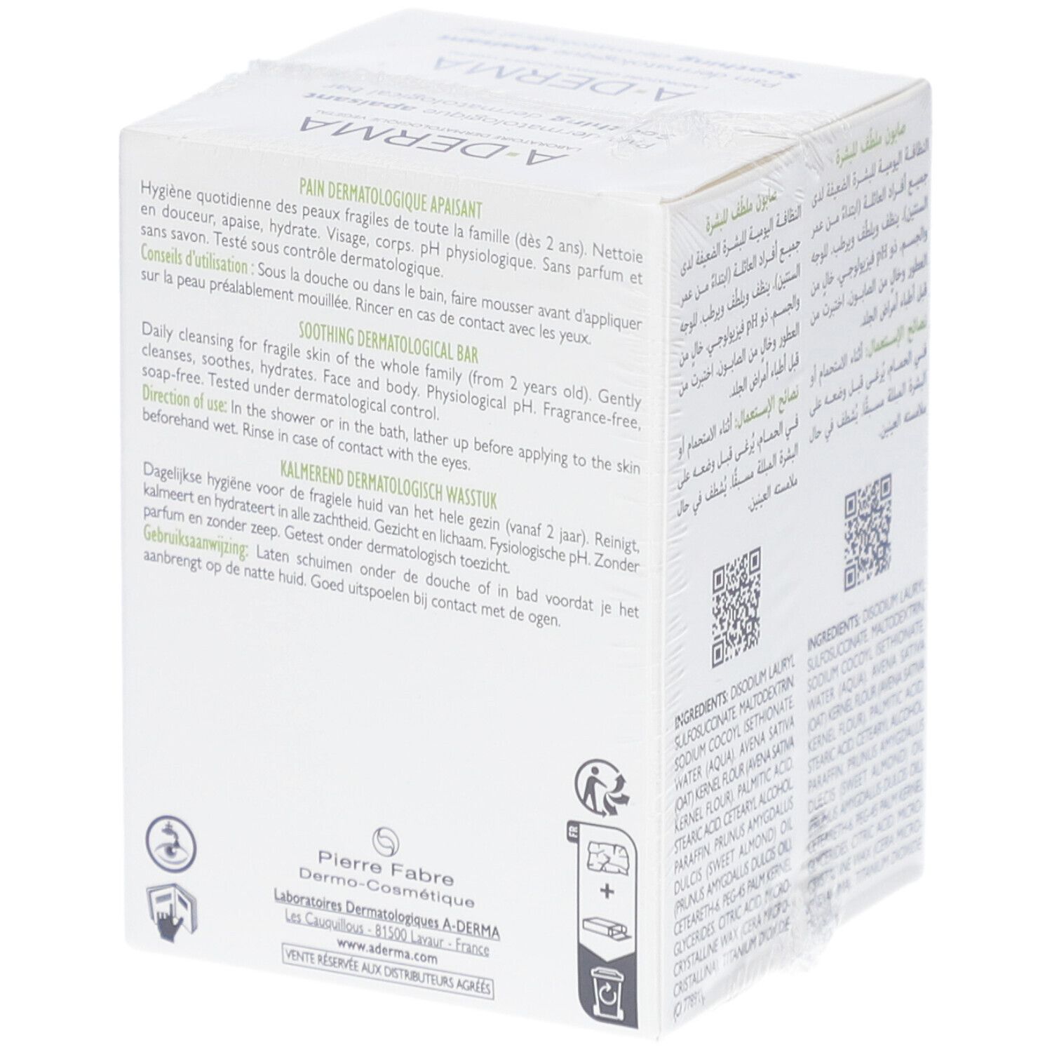 Emballage de deux pains dermatologiques A-DERMA. pH neutre, sans savon. Offre spéciale pour peaux fragiles. Lot de 2.