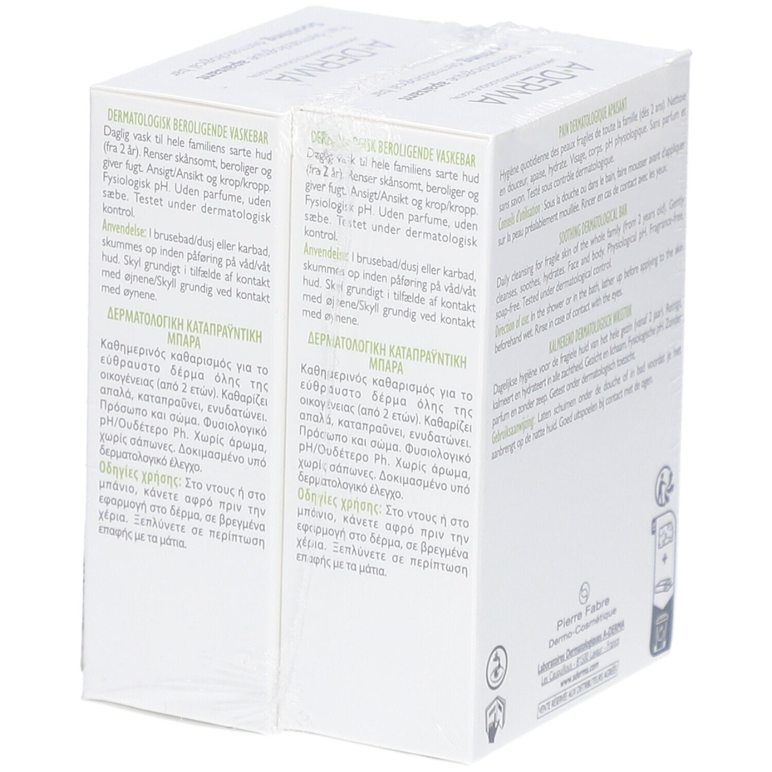 Emballage de deux pains dermatologiques A-DERMA. pH neutre, sans savon. Offre spéciale pour peaux fragiles. Lot de 2.