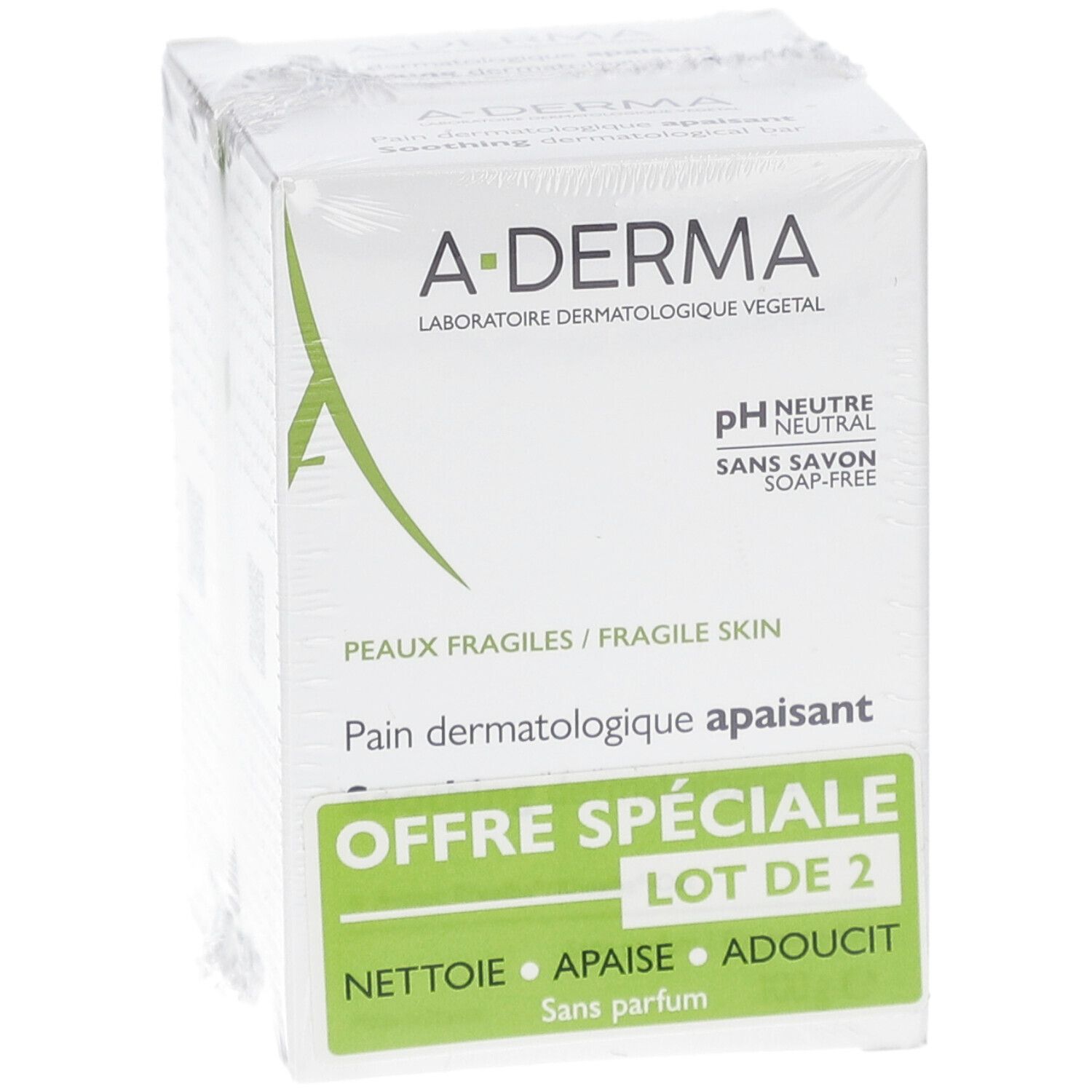 Emballage de deux pains dermatologiques A-DERMA. pH neutre, sans savon. Offre spéciale pour peaux fragiles. Lot de 2.