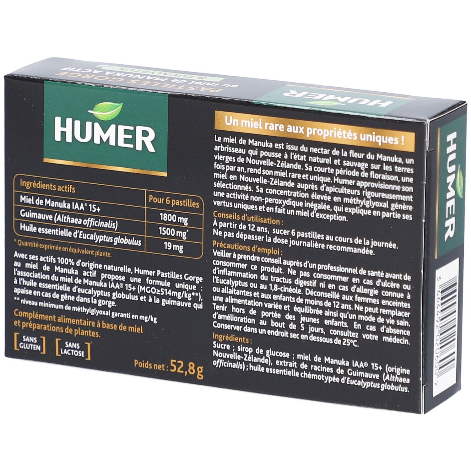 Dos de la boîte HUMER Pastilles Gorge. Fond noir, texte en français. Liste des ingrédients, mode d'emploi, poids 52,8g.